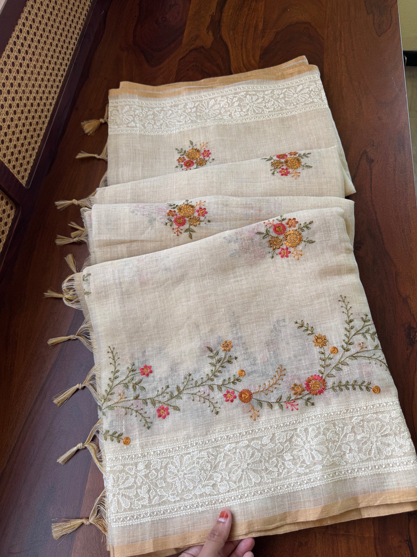 Premium Tissue Linen Sarees -Golden Cream & Orange