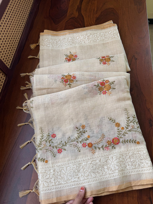 Premium Tissue Linen Sarees -Golden Cream & Orange