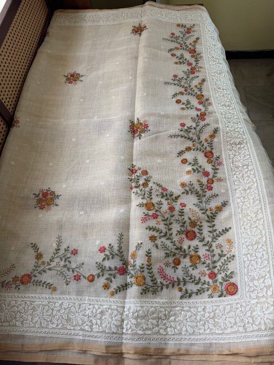 Premium Tissue Linen Sarees -Golden Cream & Orange