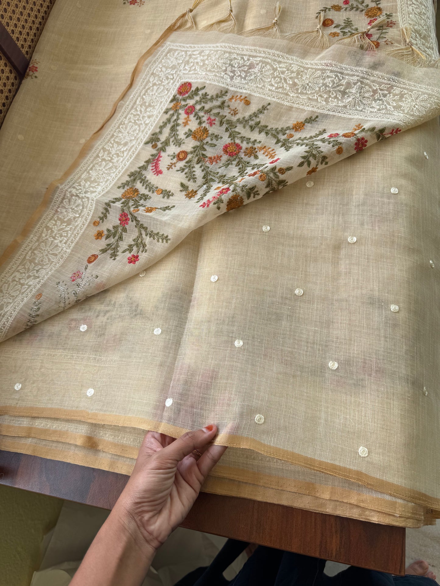Premium Tissue Linen Sarees -Golden Cream & Orange