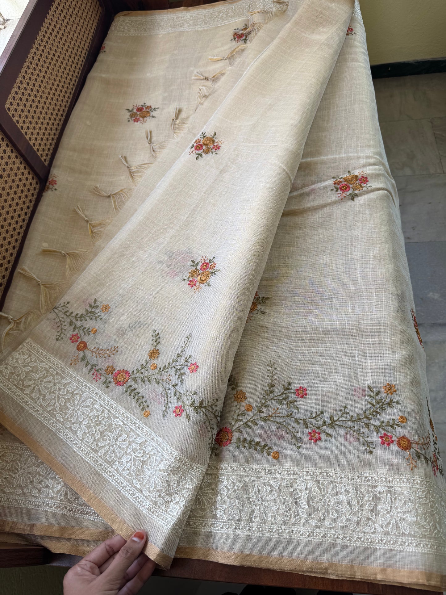 Premium Tissue Linen Sarees -Golden Cream & Orange