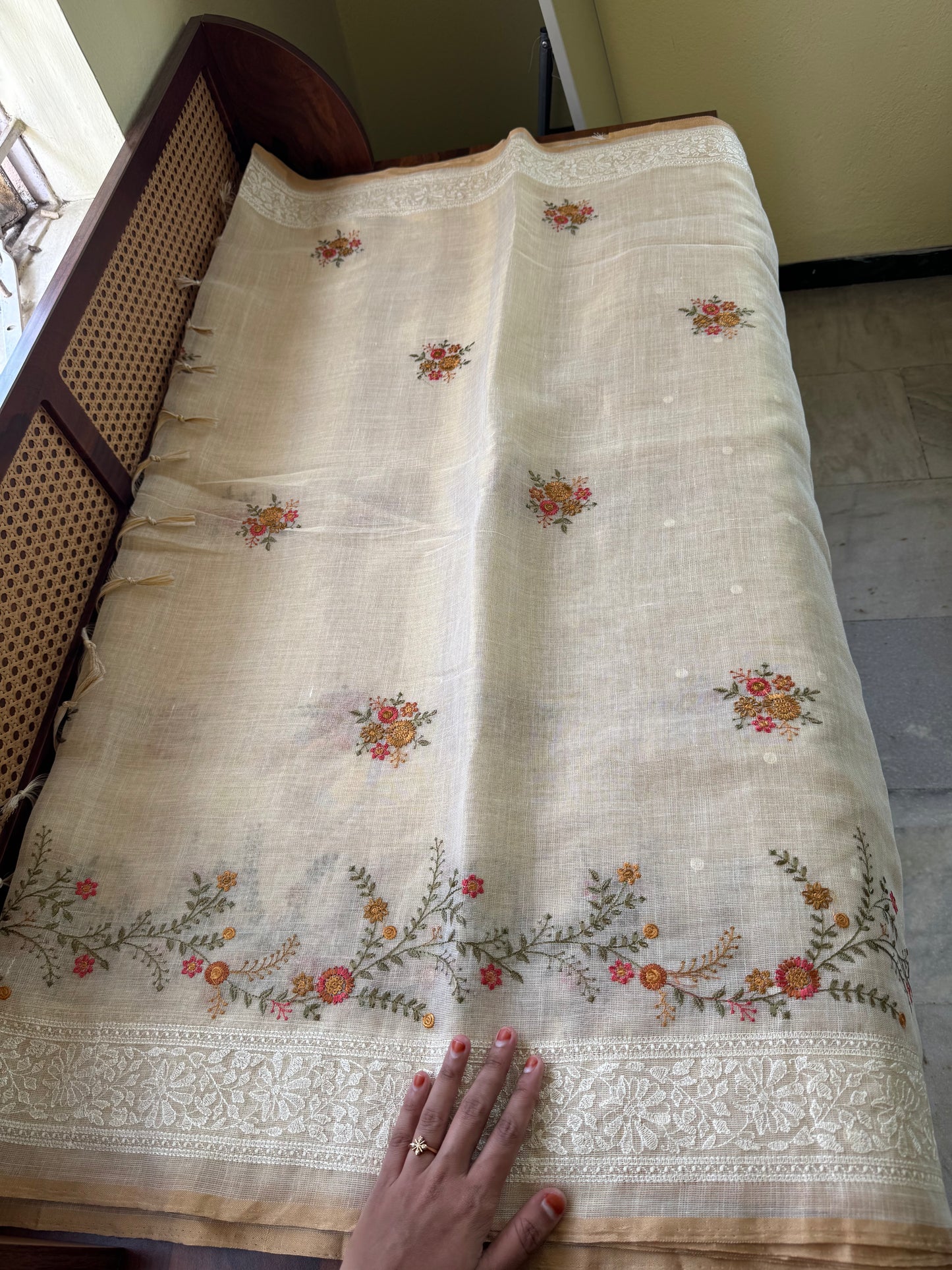 Premium Tissue Linen Sarees -Golden Cream & Orange
