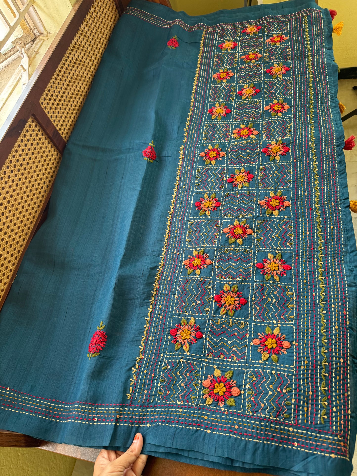 Hand Embroidered Tussar Blend Saree with heavy blouse - Blue