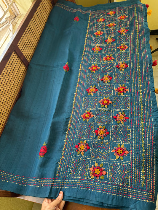 Hand Embroidered Tussar Blend Saree with heavy blouse - Blue