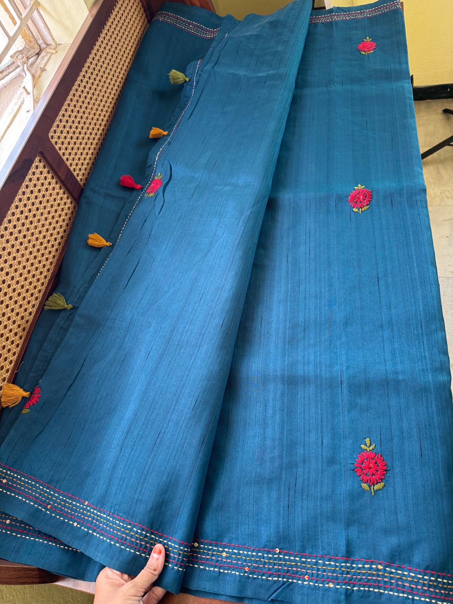 Hand Embroidered Tussar Blend Saree with heavy blouse - Blue