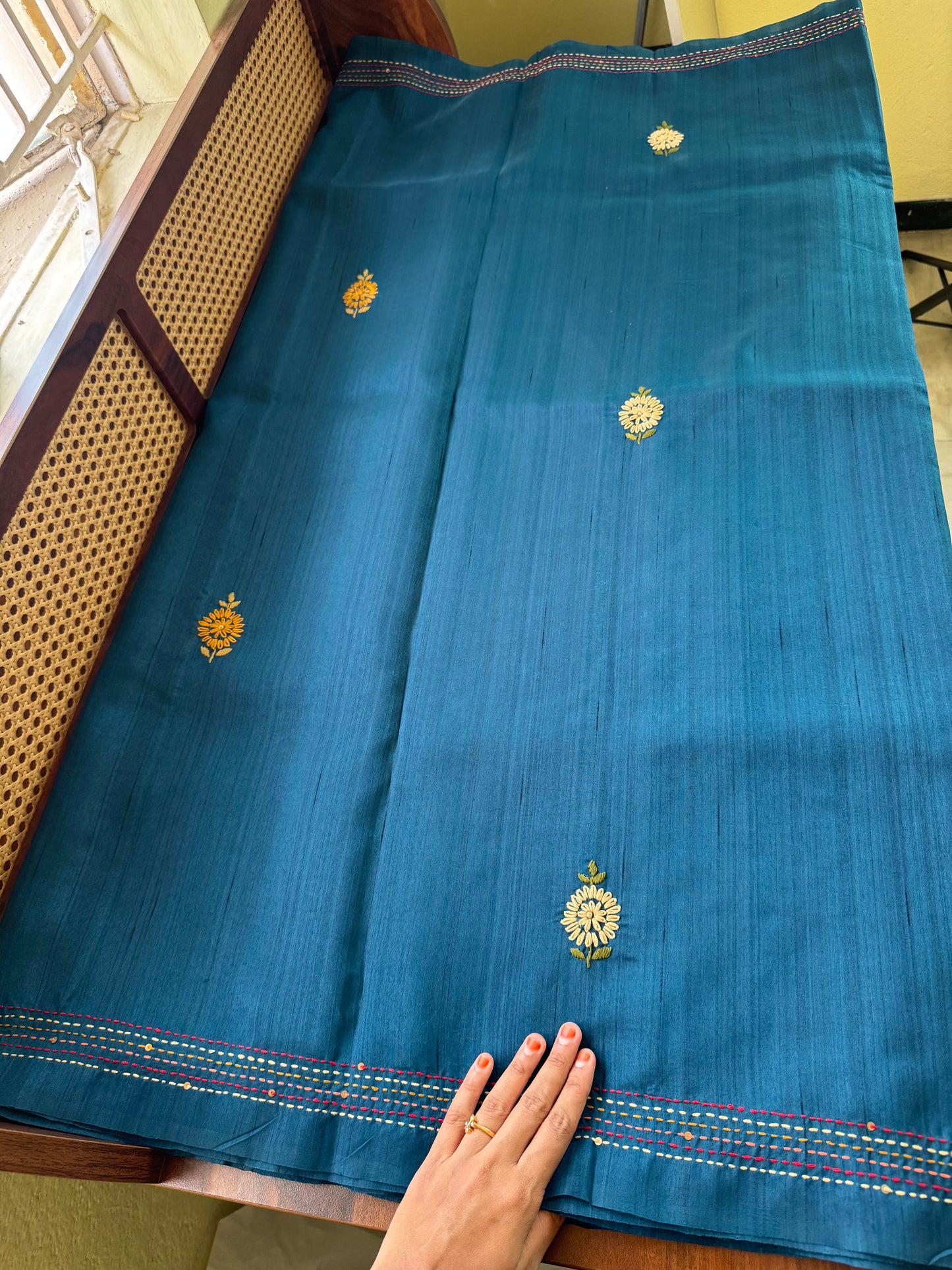 Hand Embroidered Tussar Blend Saree with heavy blouse - Blue