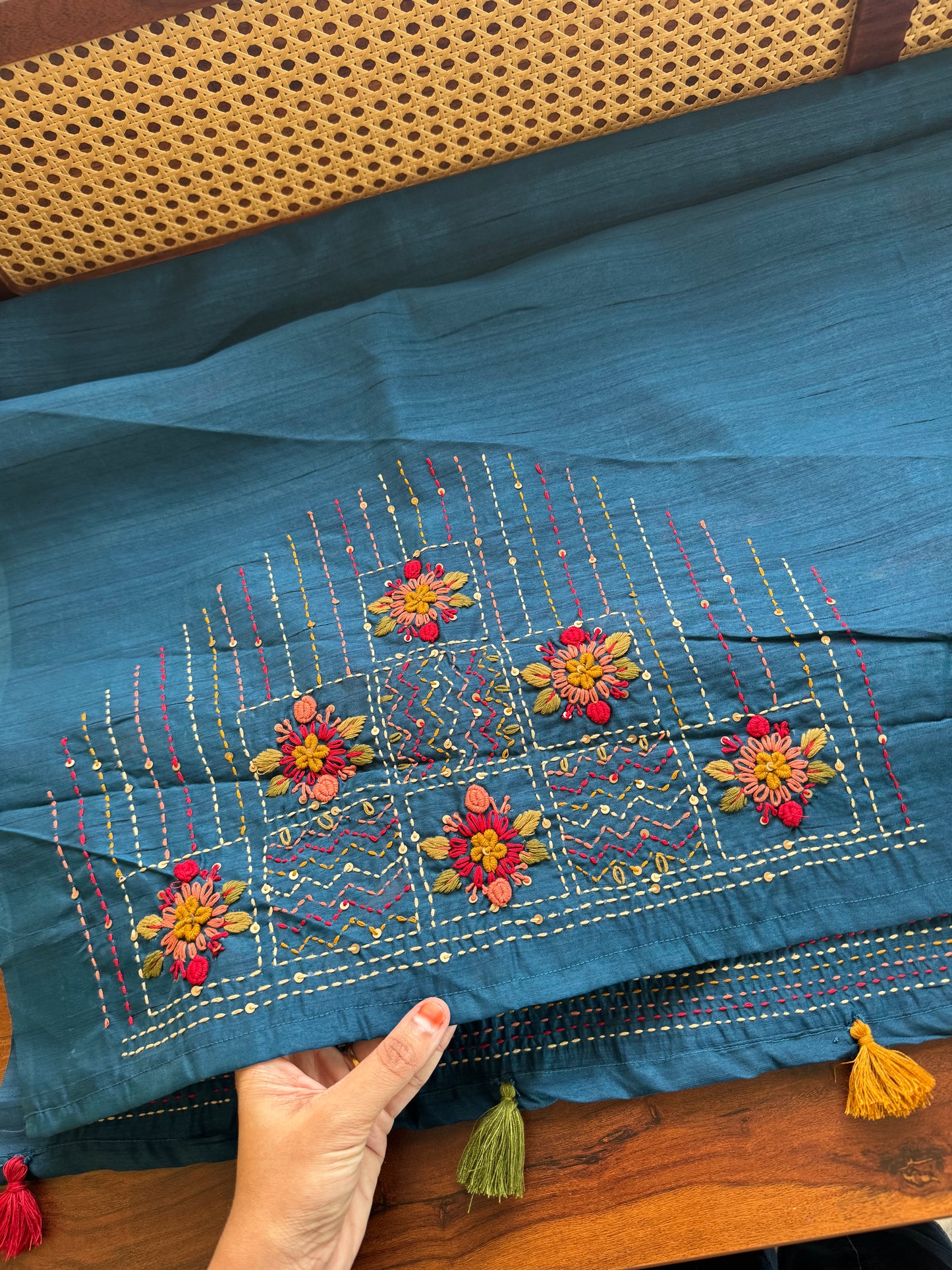 Hand Embroidered Tussar Blend Saree with heavy blouse - Blue