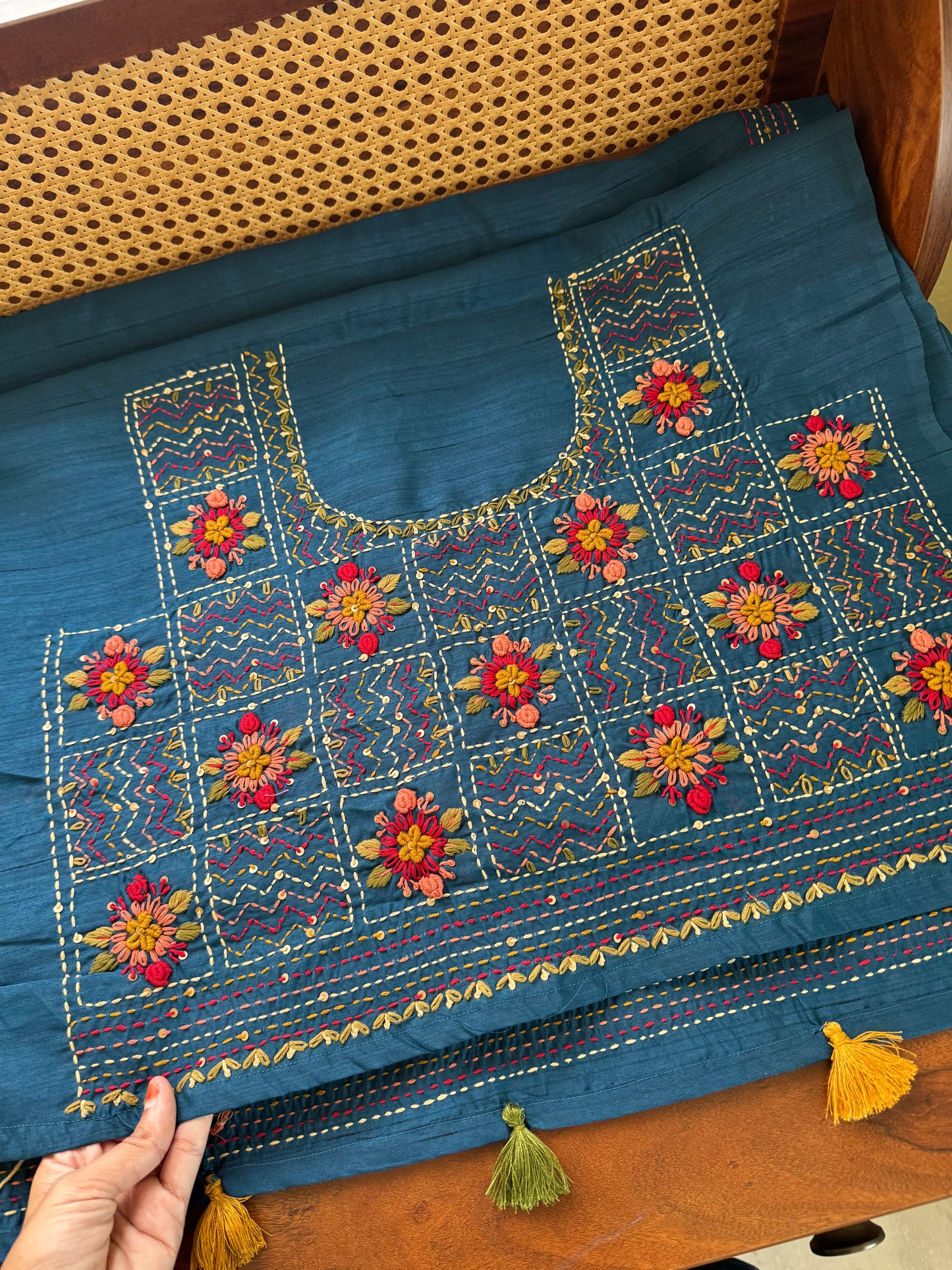 Hand Embroidered Tussar Blend Saree with heavy blouse - Blue