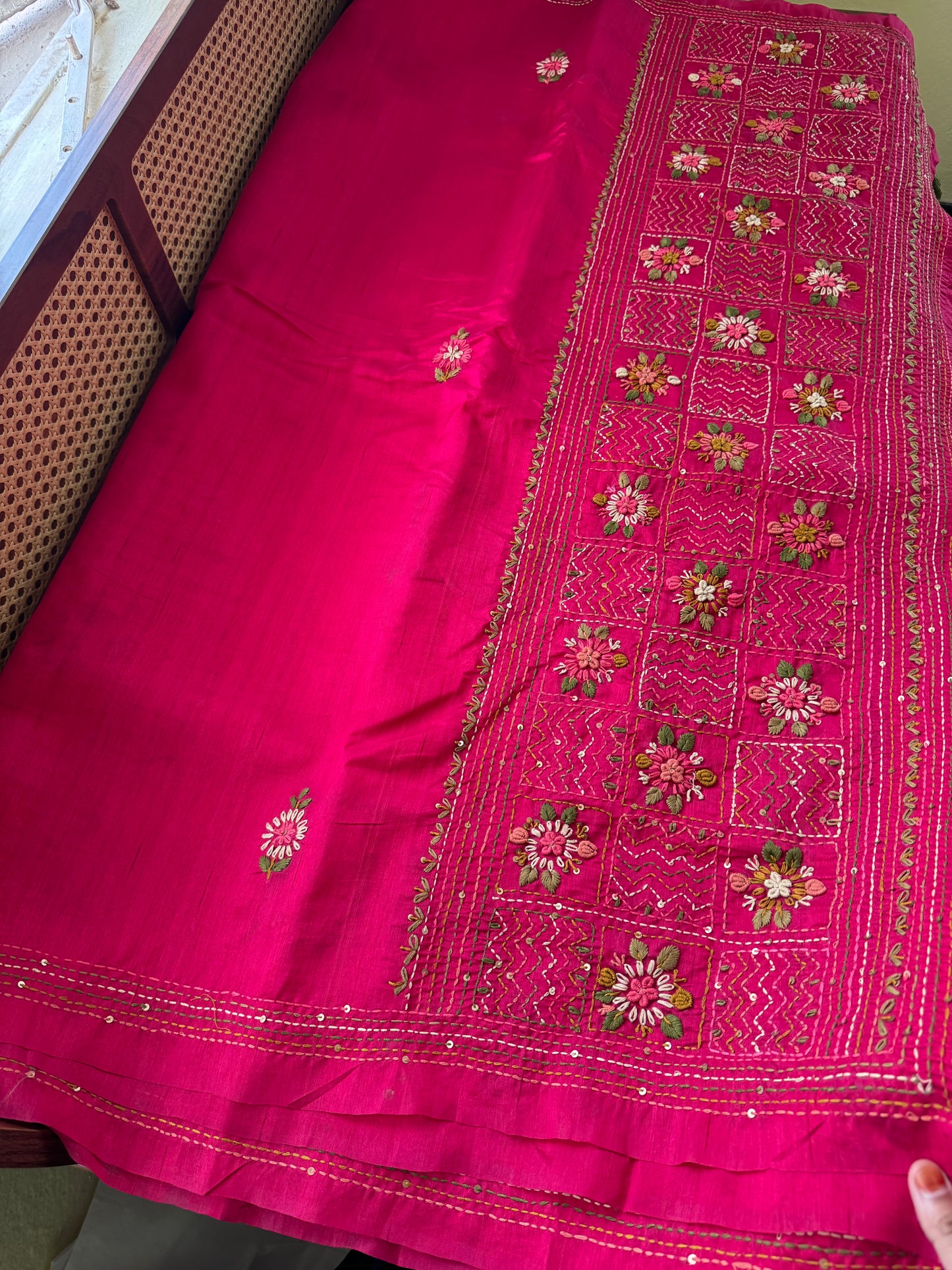 Hand Embroidered Tussar Blend Saree with heavy blouse - Hot Pink