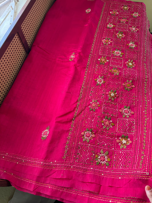 Hand Embroidered Tussar Blend Saree with heavy blouse - Hot Pink