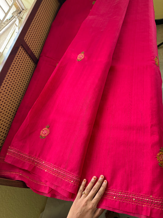 Hand Embroidered Tussar Blend Saree with heavy blouse - Hot Pink