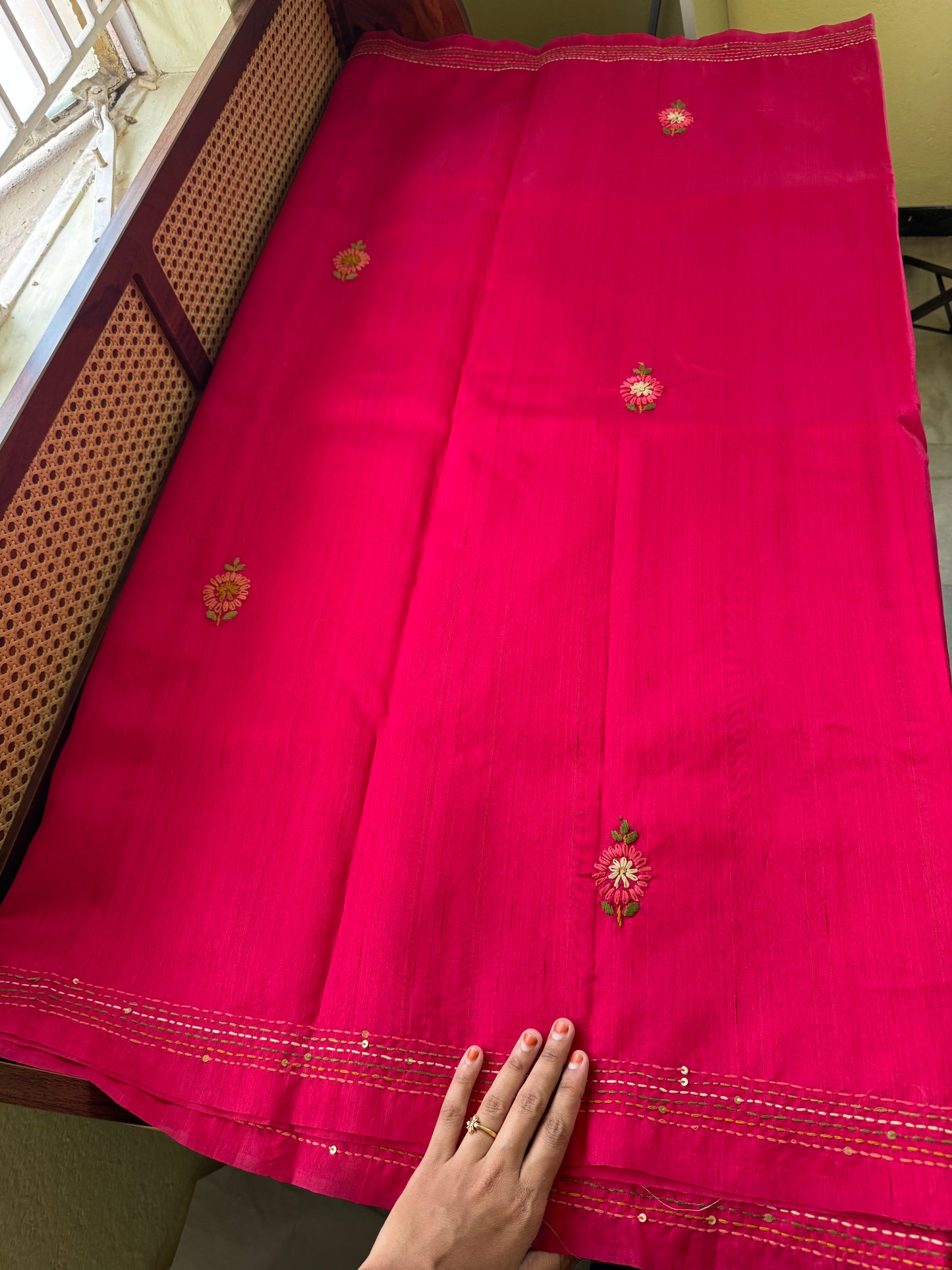 Hand Embroidered Tussar Blend Saree with heavy blouse - Hot Pink