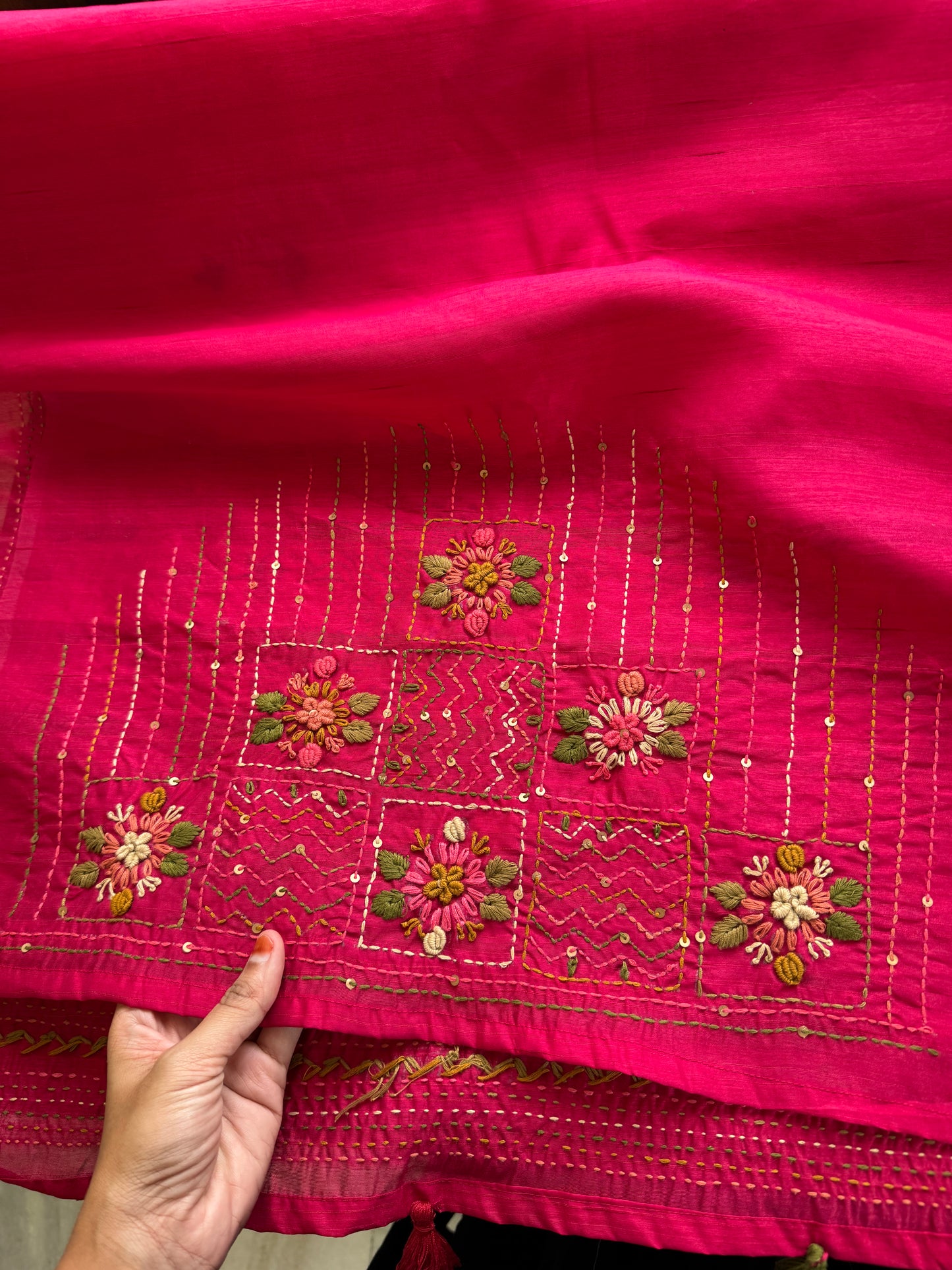 Hand Embroidered Tussar Blend Saree with heavy blouse - Hot Pink