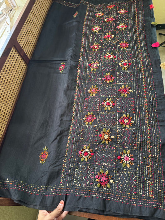 Hand Embroidered Tussar Blend Saree with heavy blouse - Black