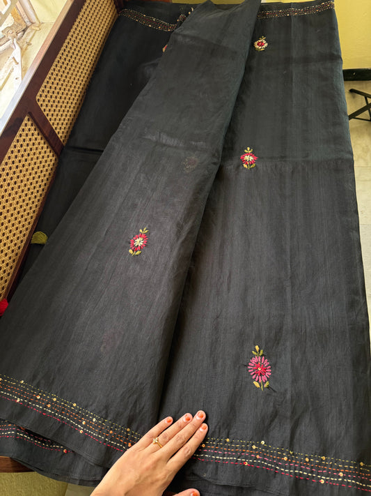 Hand Embroidered Tussar Blend Saree with heavy blouse - Black
