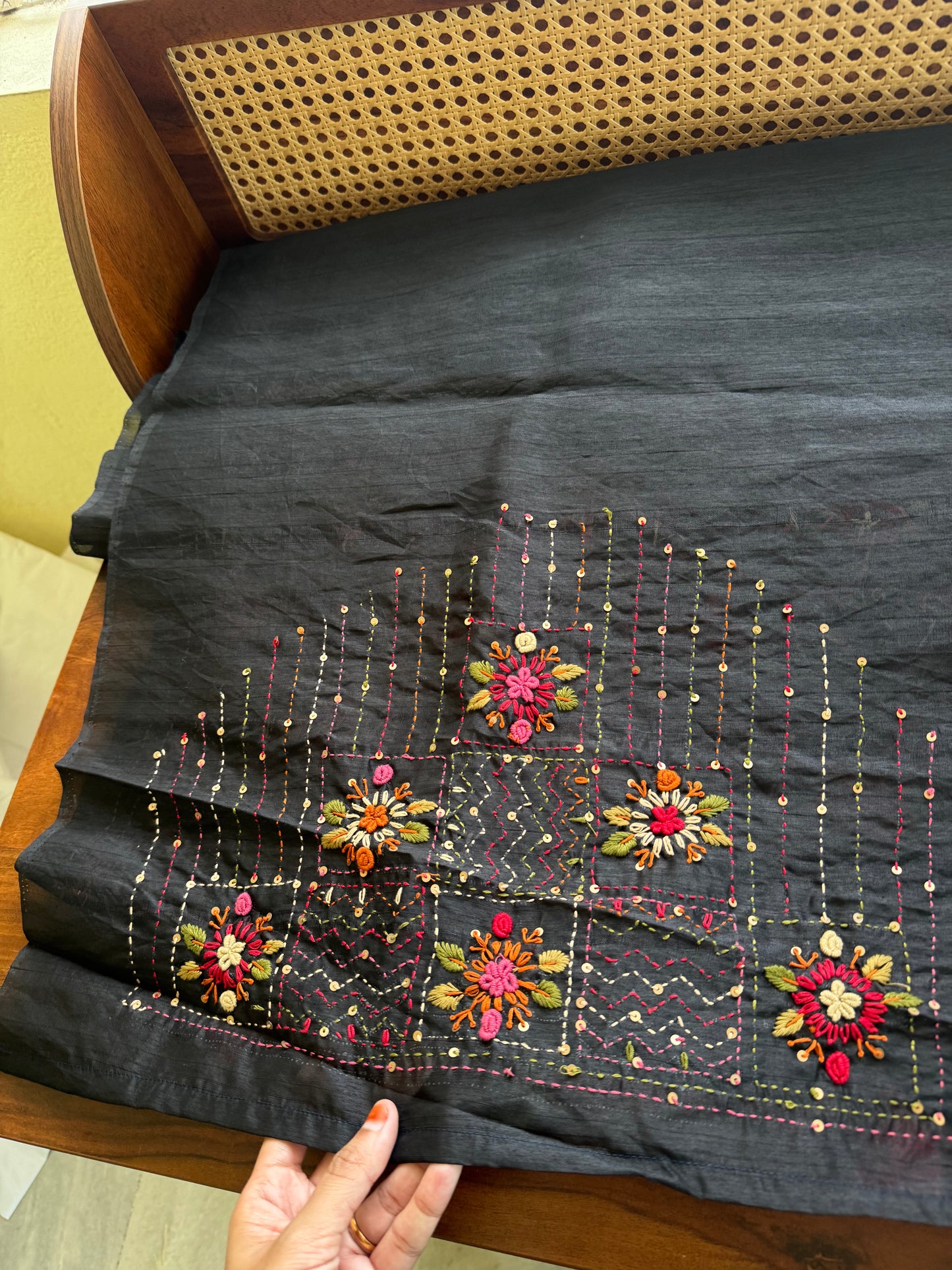 Hand Embroidered Tussar Blend Saree with heavy blouse - Black