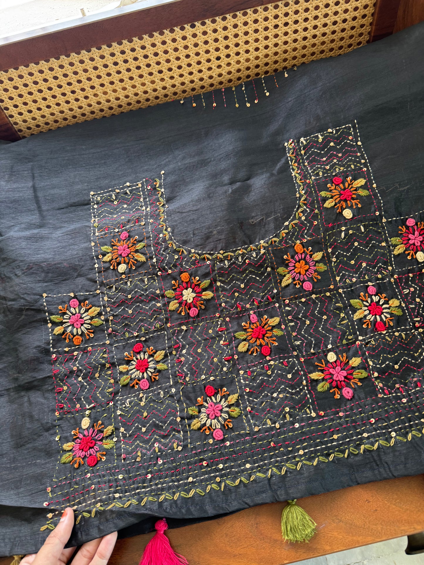 Hand Embroidered Tussar Blend Saree with heavy blouse - Black