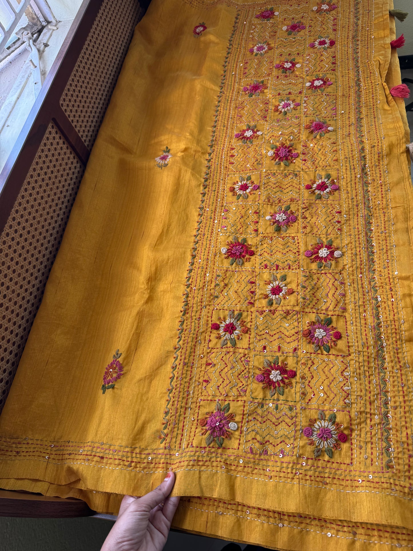 Hand Embroidered Tussar Blend Saree with heavy blouse - Yellow