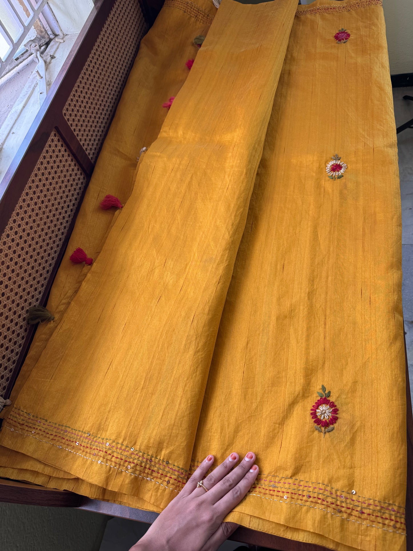 Hand Embroidered Tussar Blend Saree with heavy blouse - Yellow