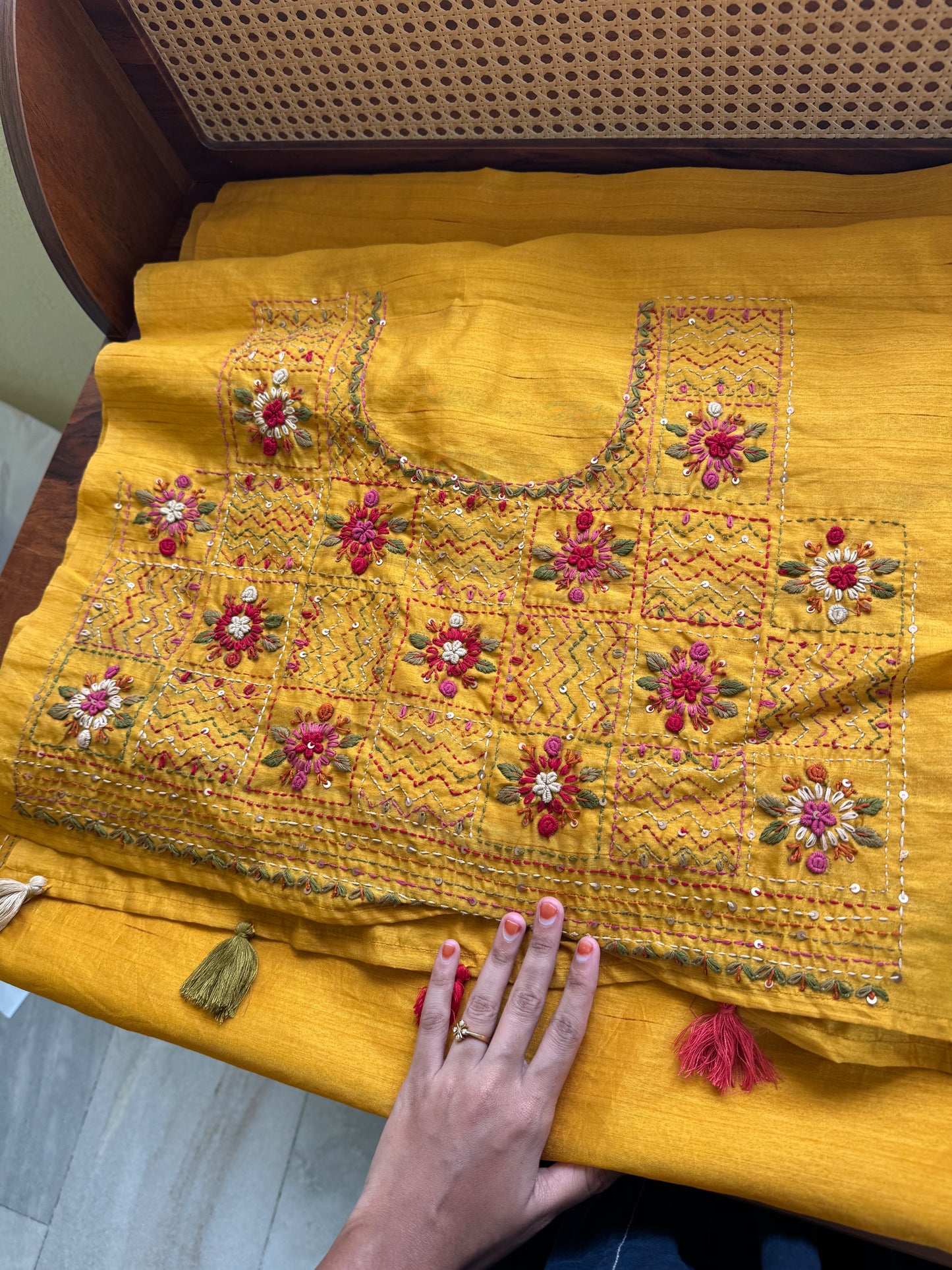 Hand Embroidered Tussar Blend Saree with heavy blouse - Yellow