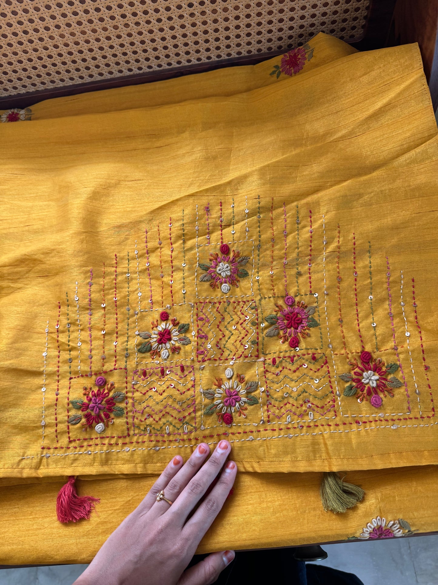 Hand Embroidered Tussar Blend Saree with heavy blouse - Yellow