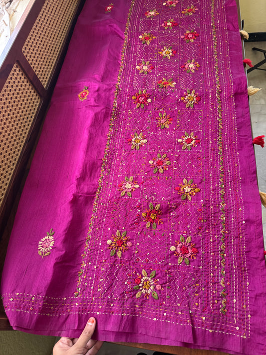 Hand Embroidered Tussar Blend Saree with heavy blouse - Purple