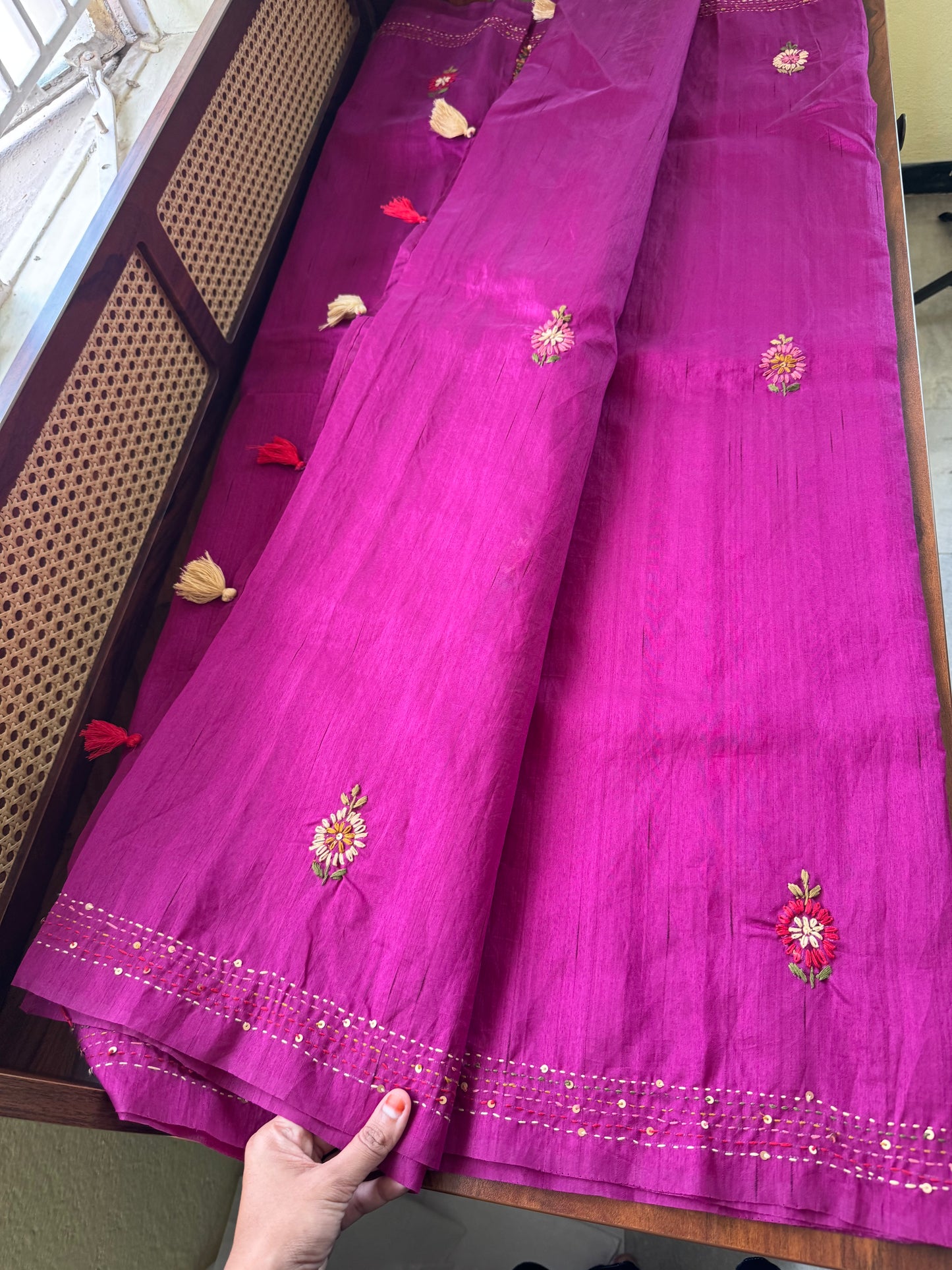 Hand Embroidered Tussar Blend Saree with heavy blouse - Purple