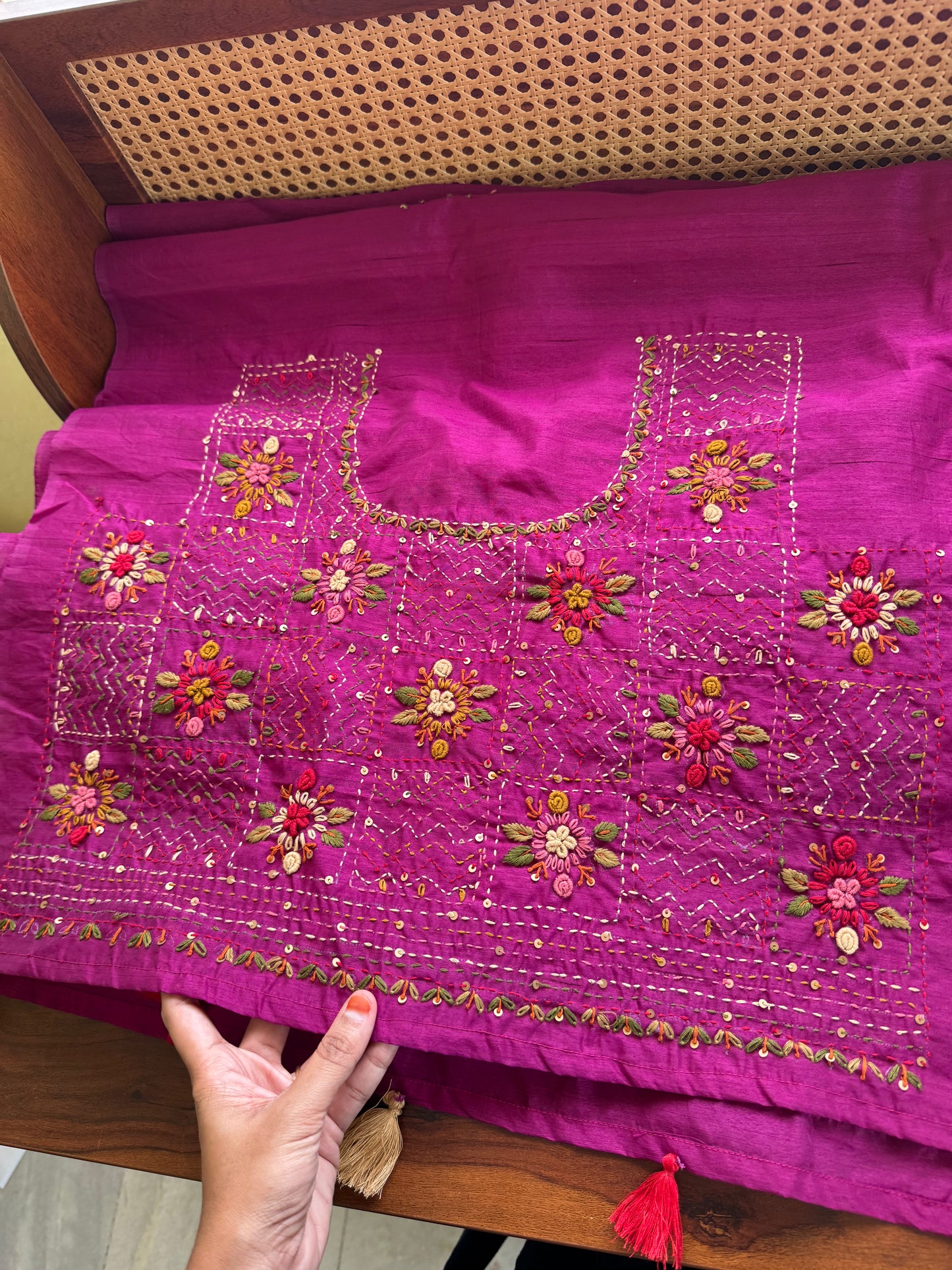 Hand Embroidered Tussar Blend Saree with heavy blouse - Purple