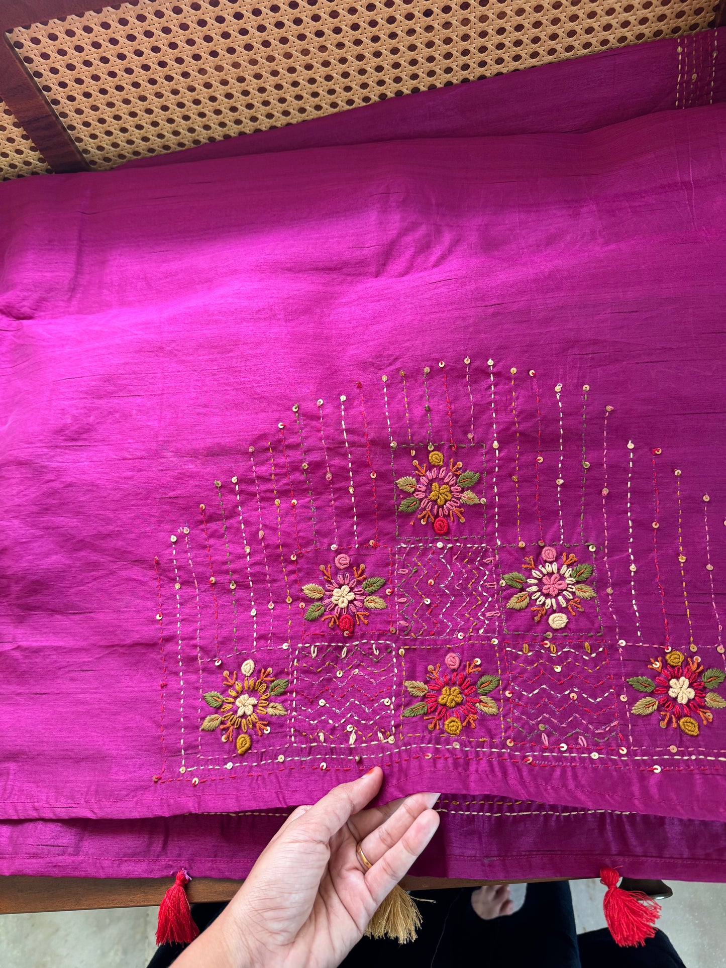 Hand Embroidered Tussar Blend Saree with heavy blouse - Purple