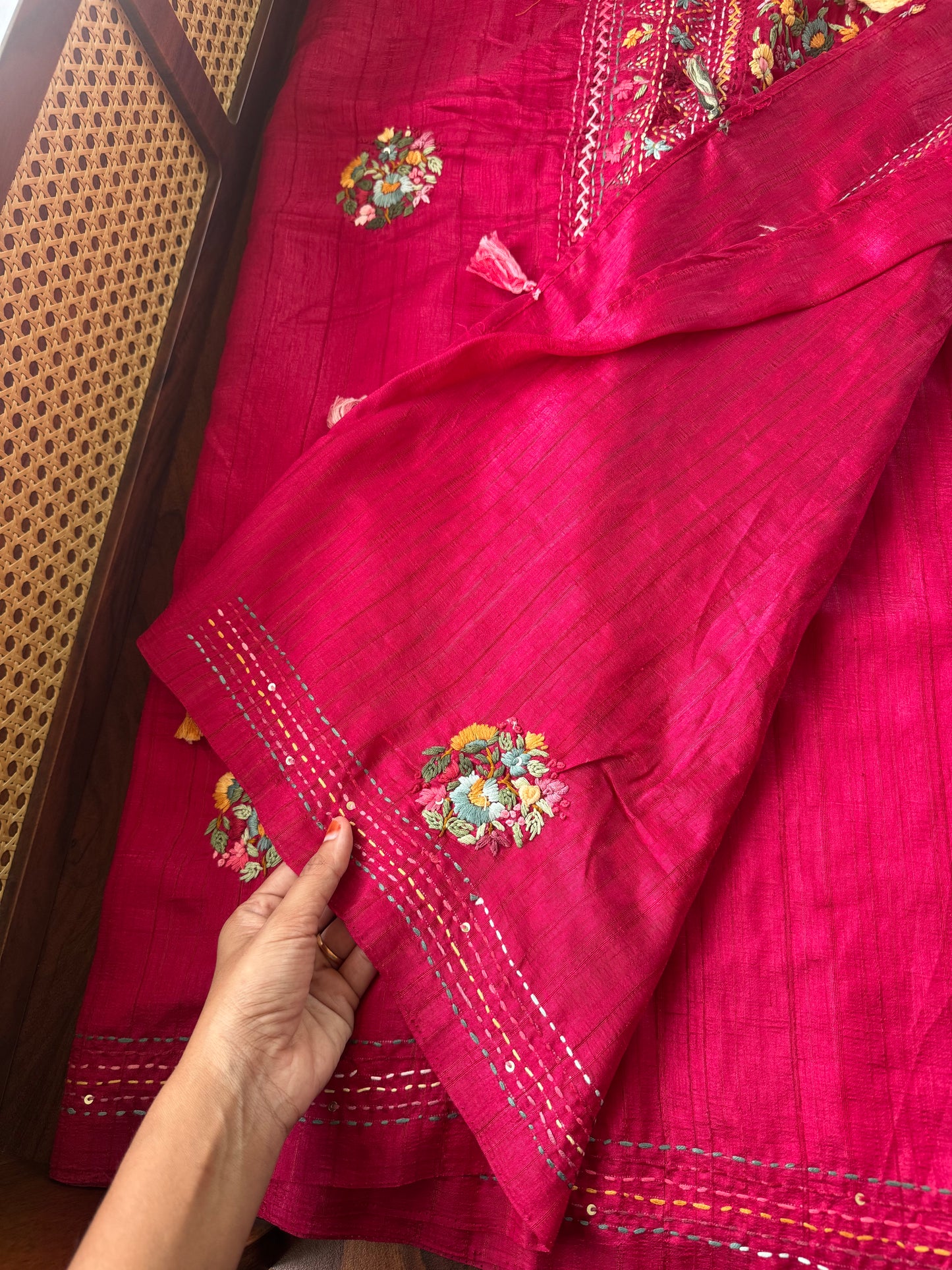 Premium Tussar Blend Saree with Handwork - Dark Pink