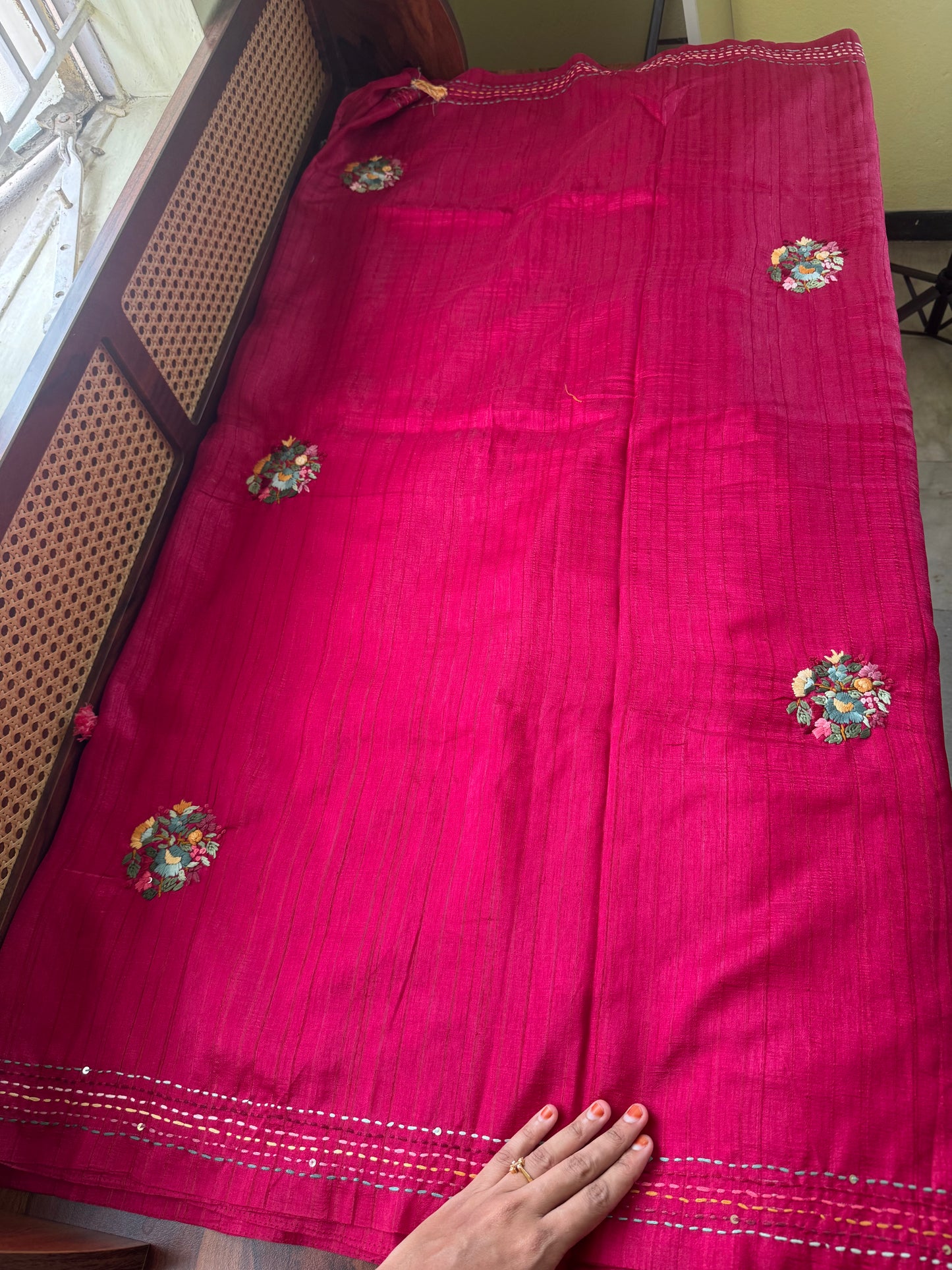 Premium Tussar Blend Saree with Handwork - Dark Pink
