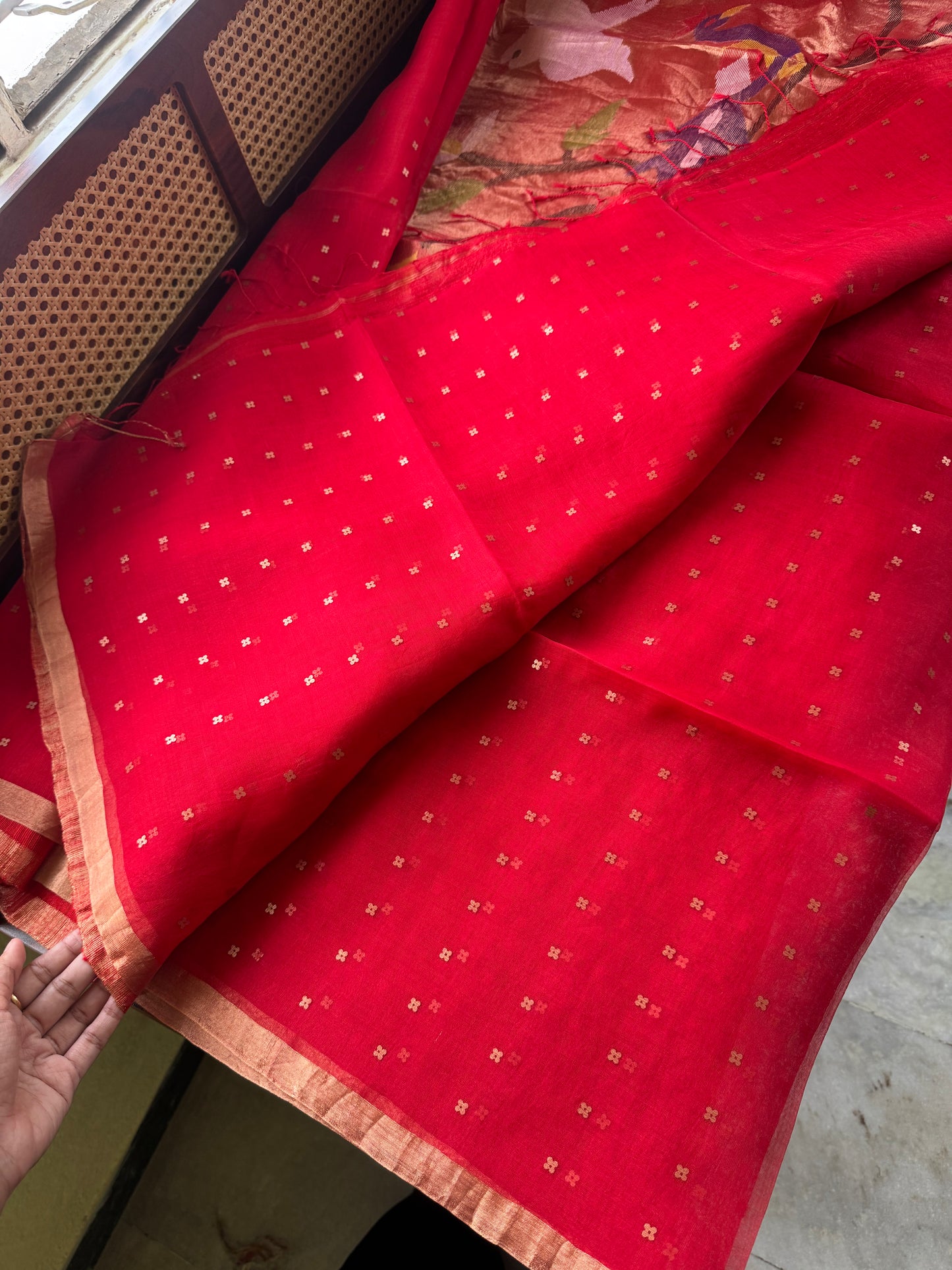 Pure Kora Jamdhani Saree - Red