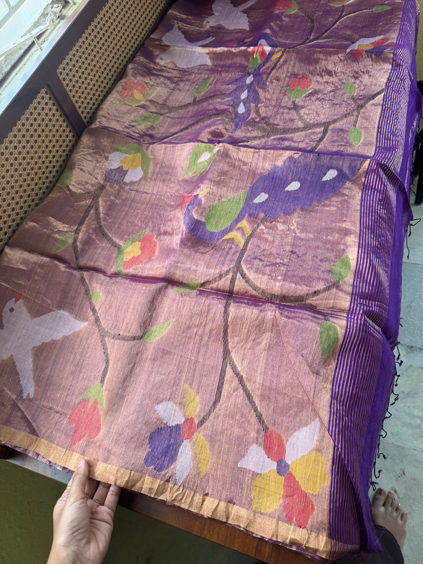 Pure Kora Jamdhani Saree - Violet