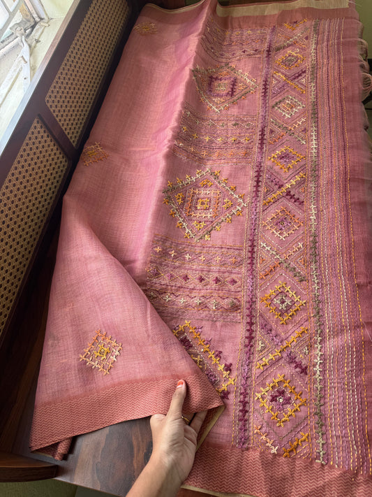 Premium Tissue Linen Sarees with heavy blouse - Pink