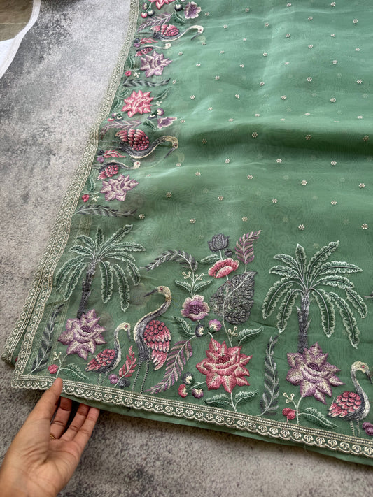 Luxe Tissue Organza Saree - Green