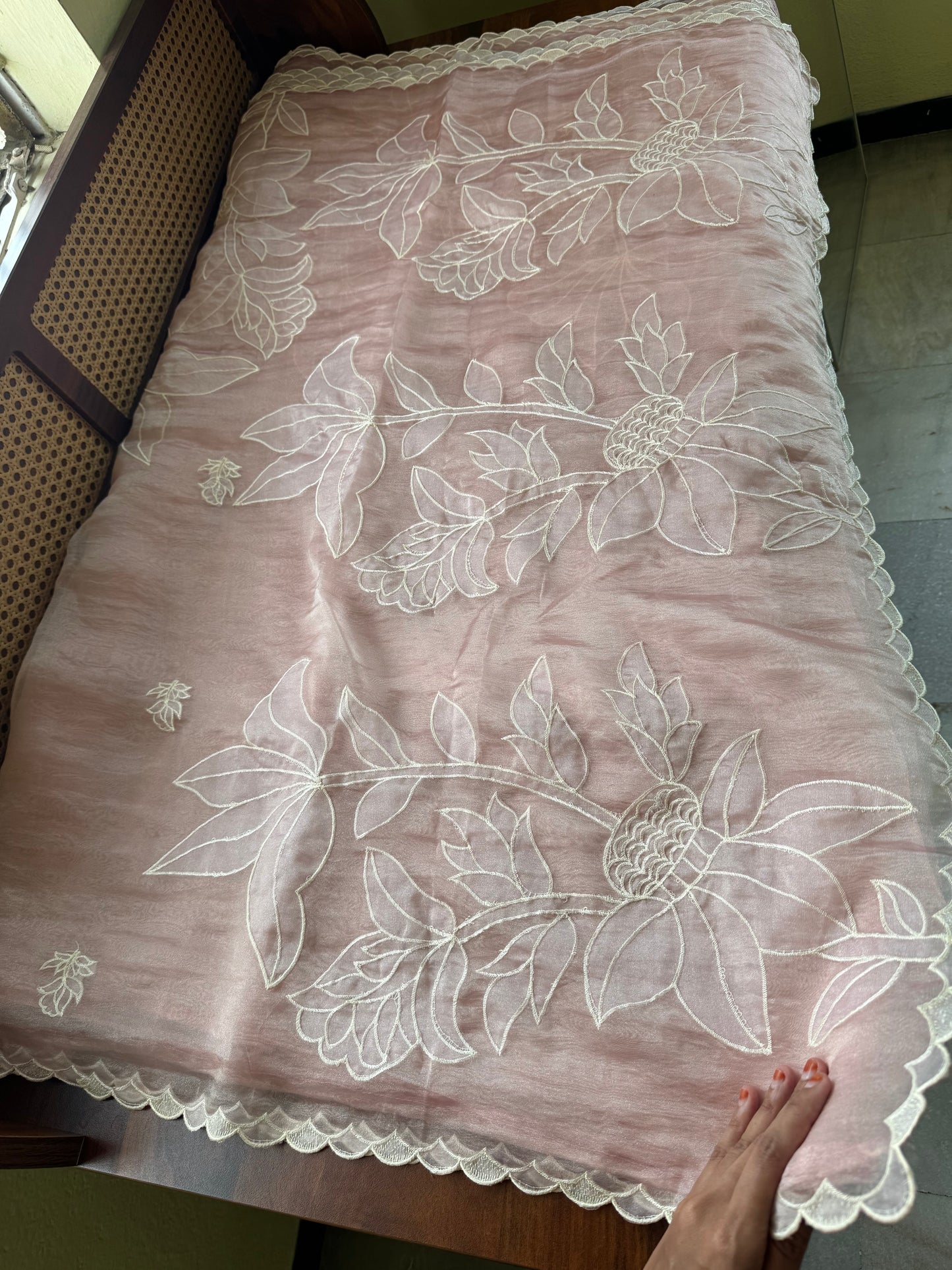 Delicate Tissue Organza Saree with appliqué - Pastel Pink