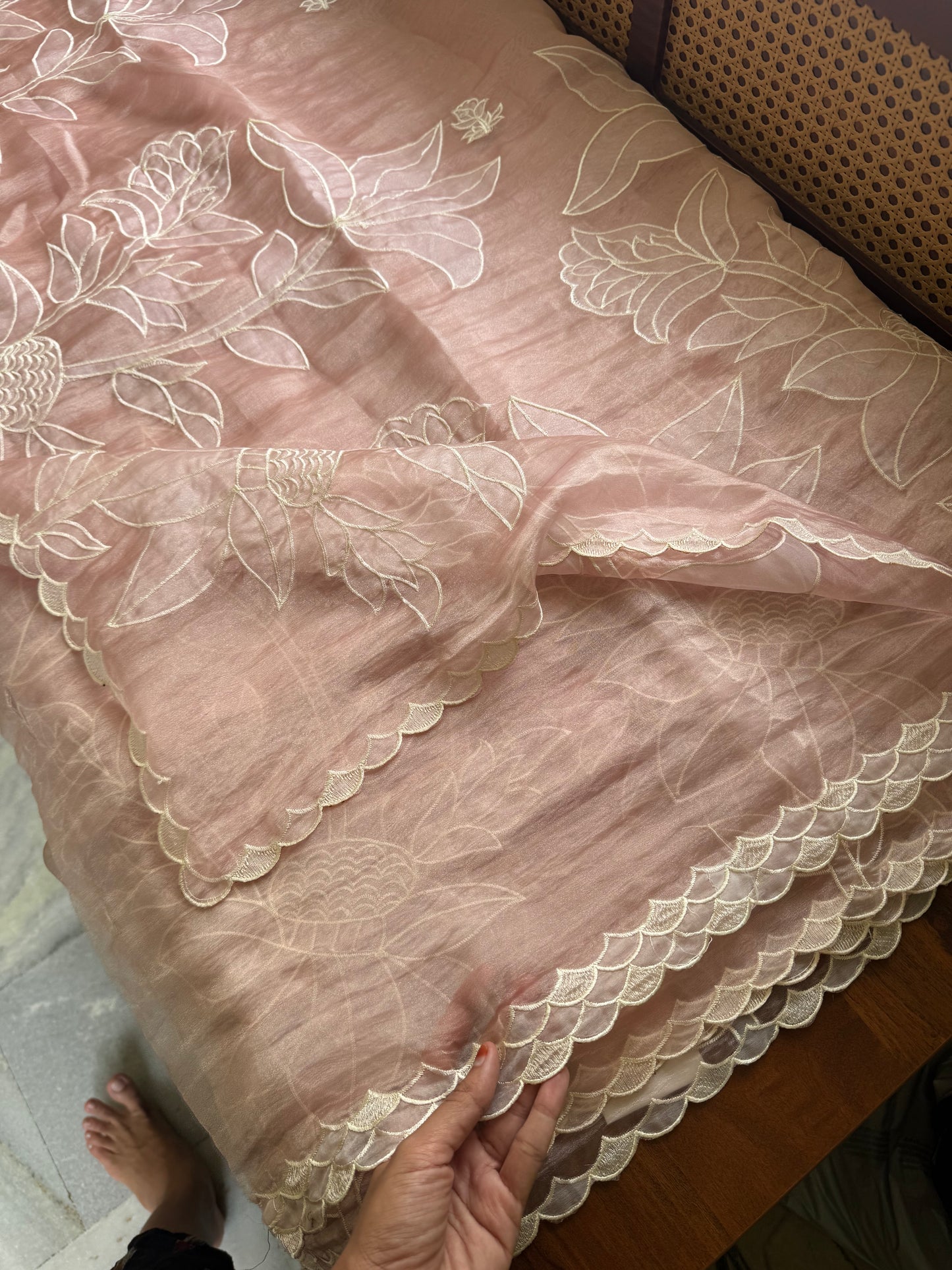 Delicate Tissue Organza Saree with appliqué - Pastel Pink