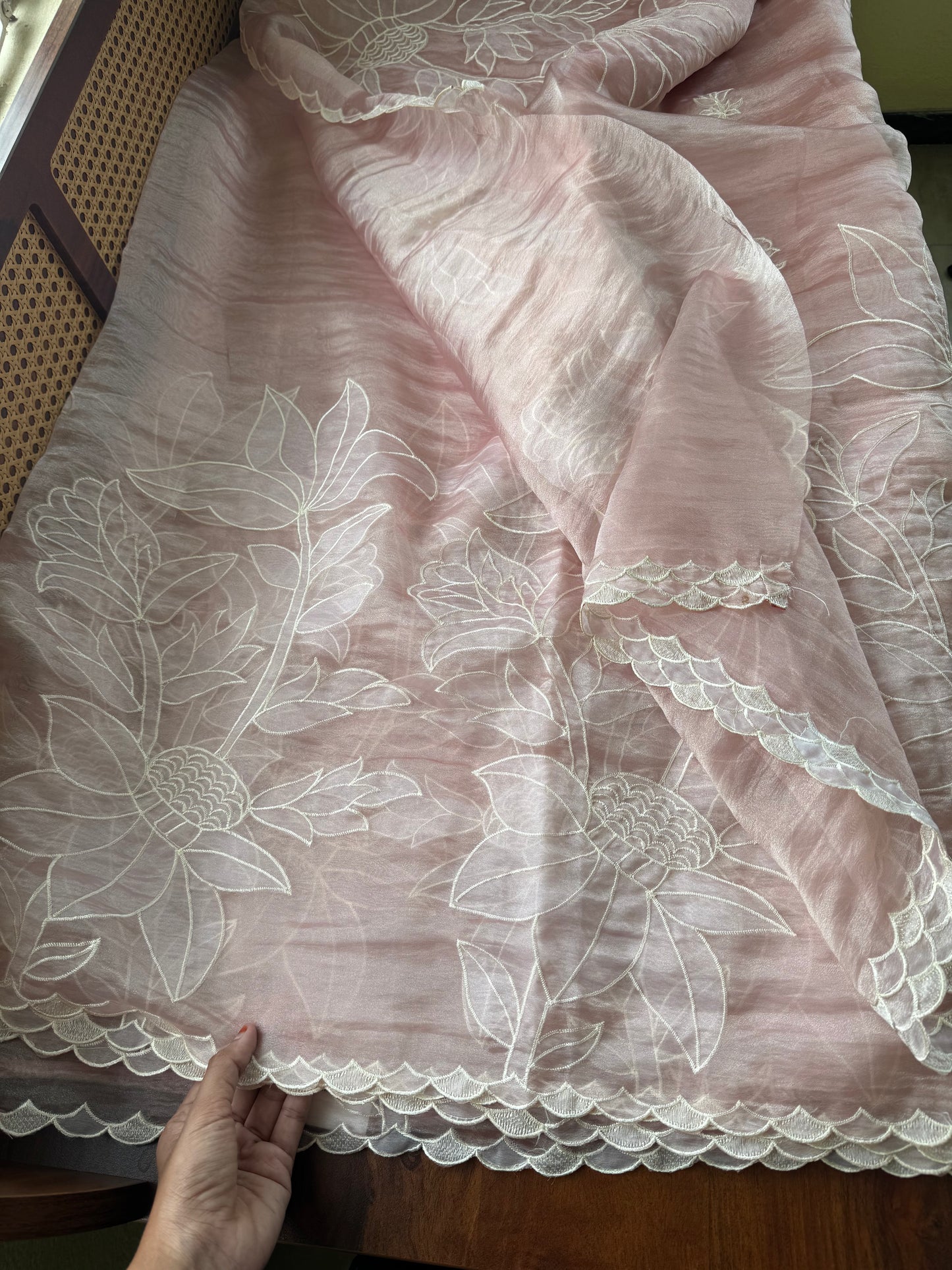 Delicate Tissue Organza Saree with appliqué - Pastel Pink