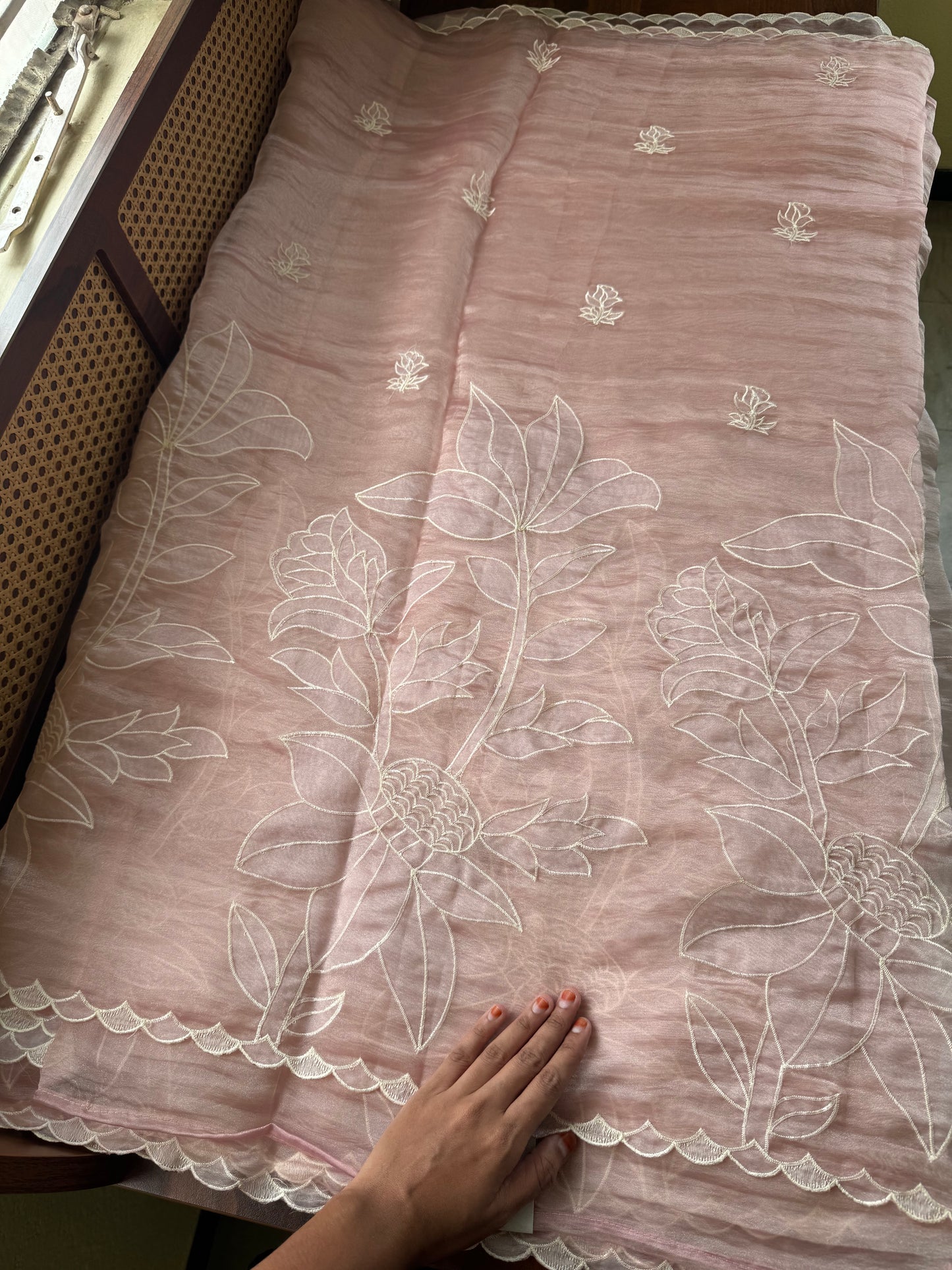Delicate Tissue Organza Saree with appliqué - Pastel Pink