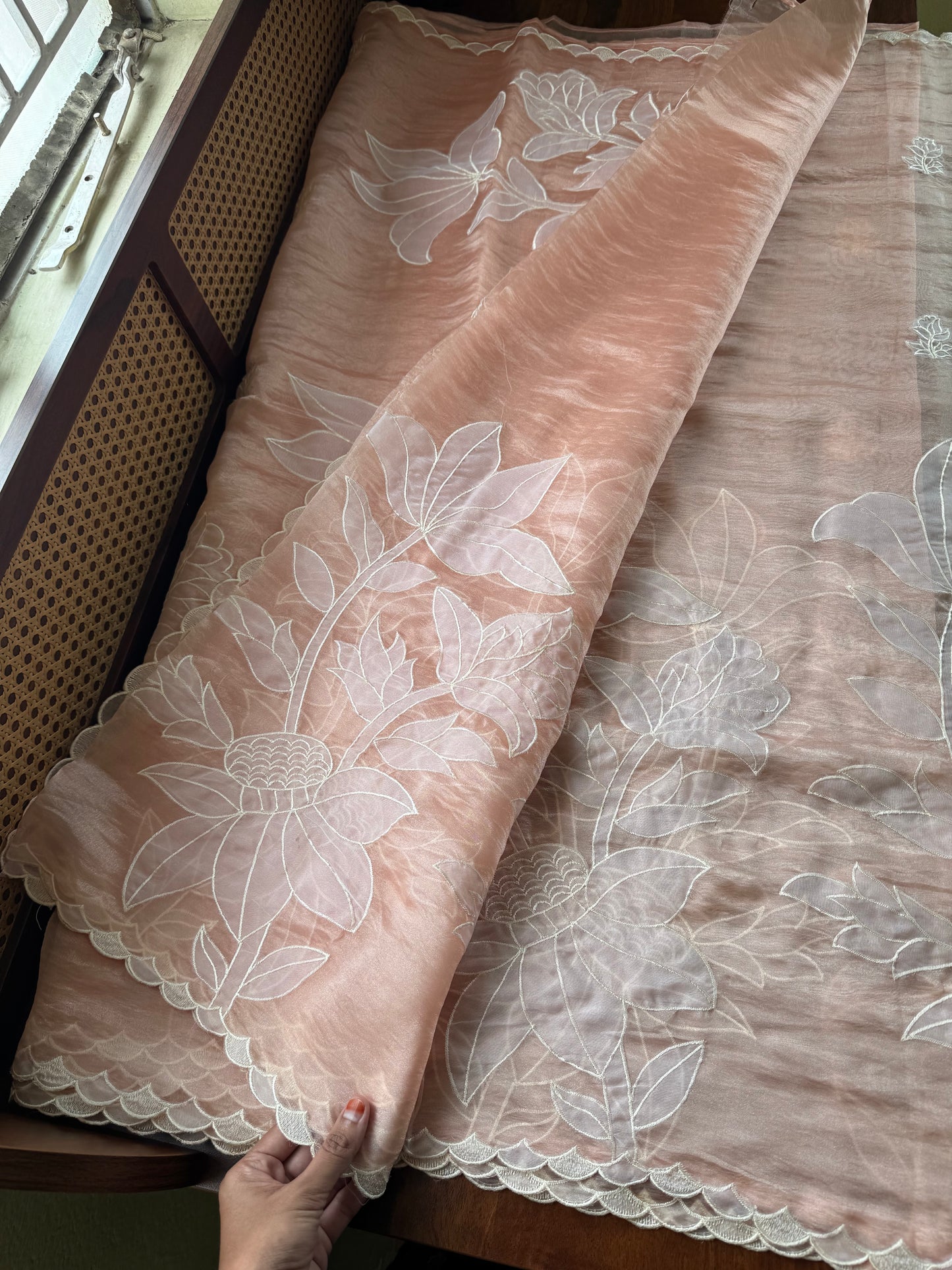 Delicate Tissue Organza Saree with appliqué - Peach