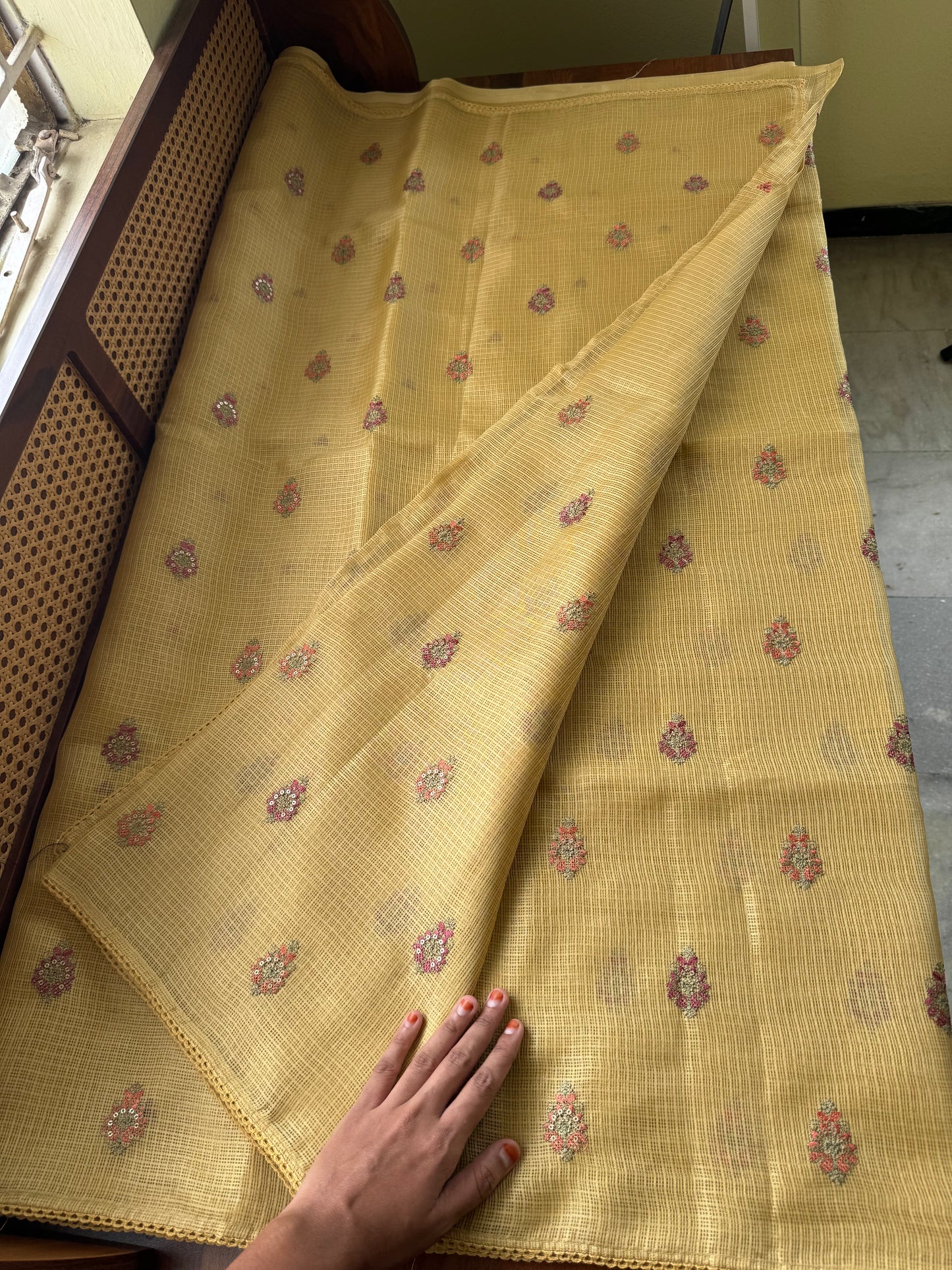 Embroidered Silky Kota Saree - Yellow