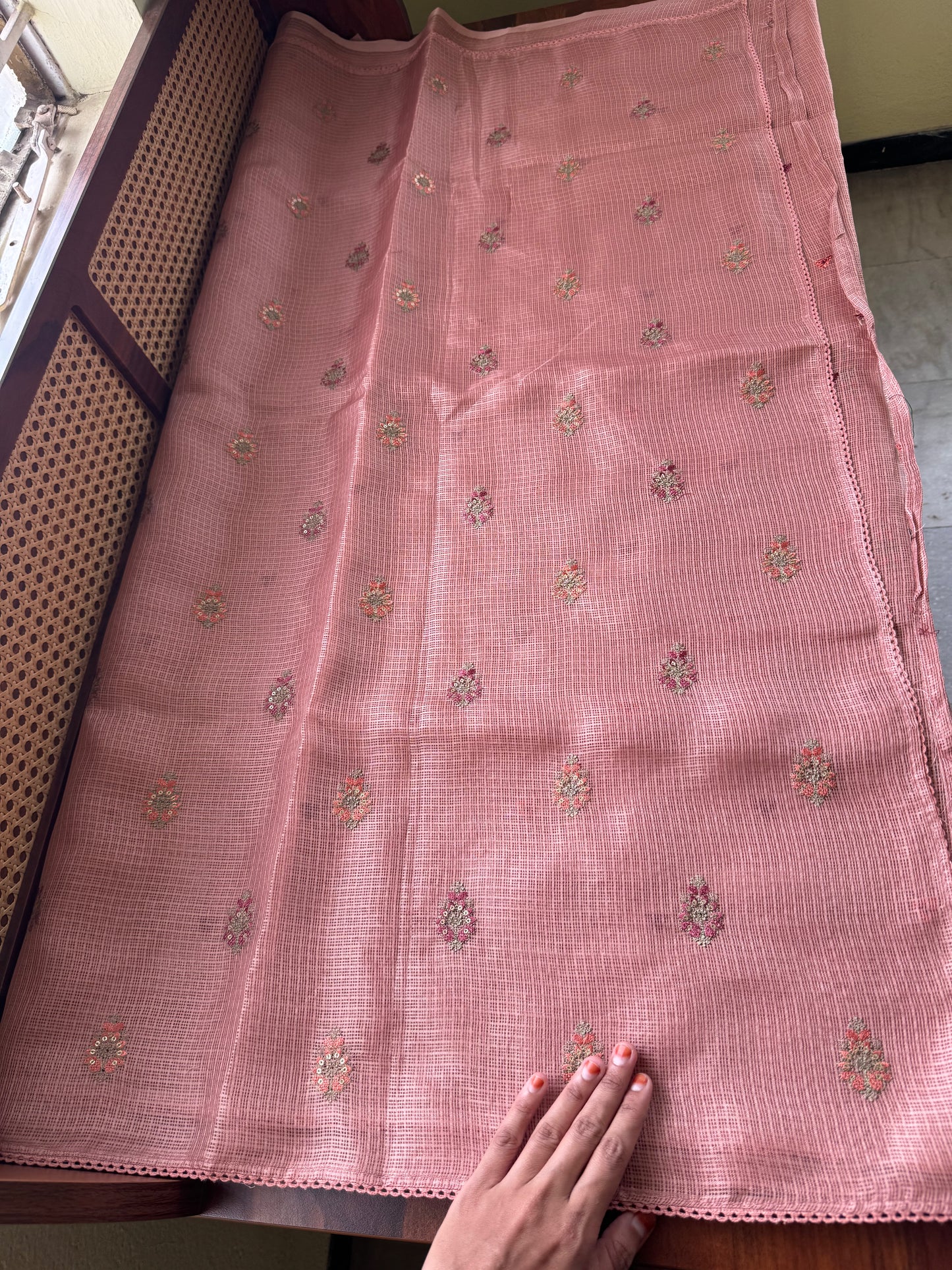 Embroidered Silky Kota Saree - Rustic Peach