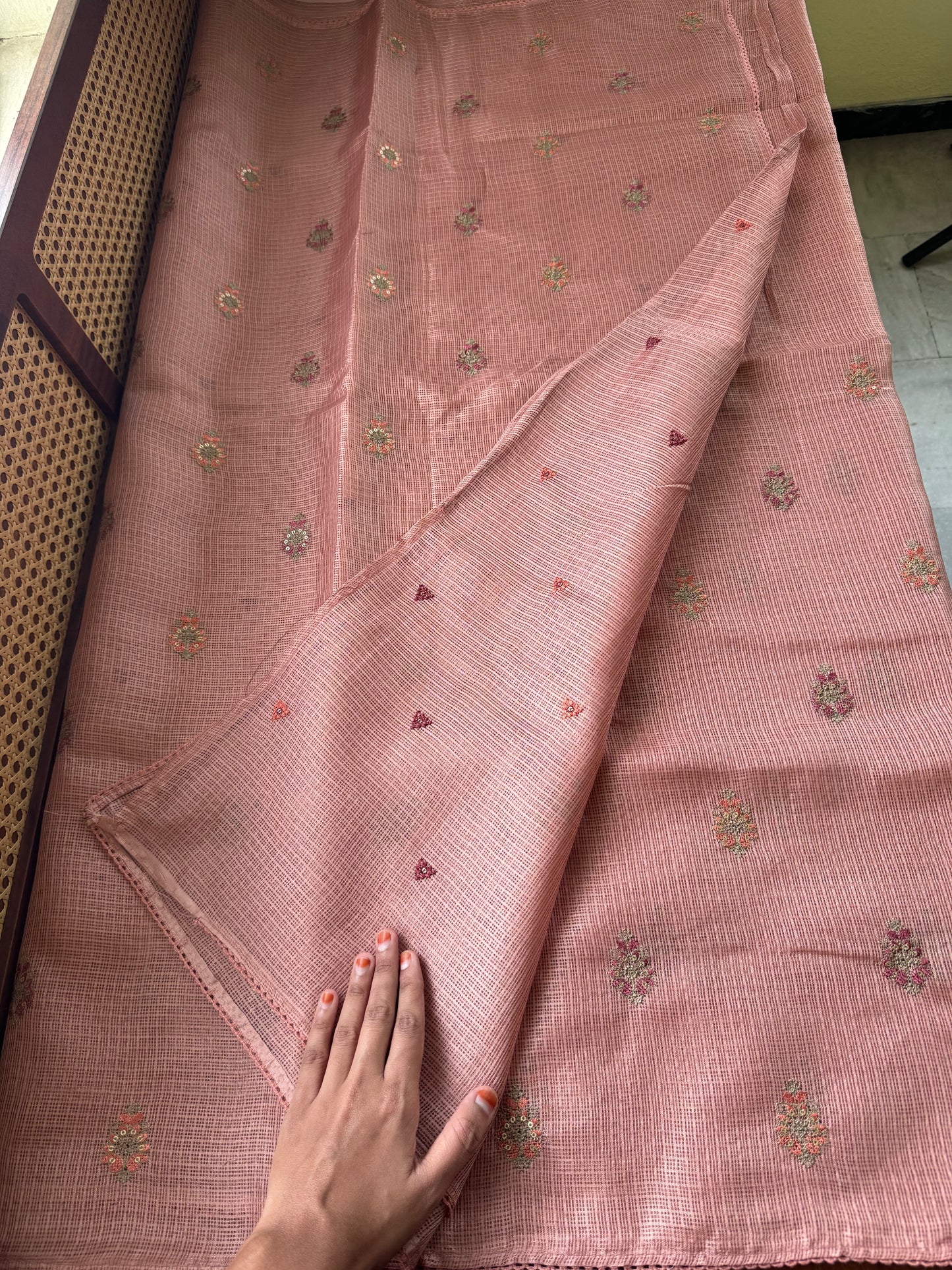 Embroidered Silky Kota Saree - Rustic Peach