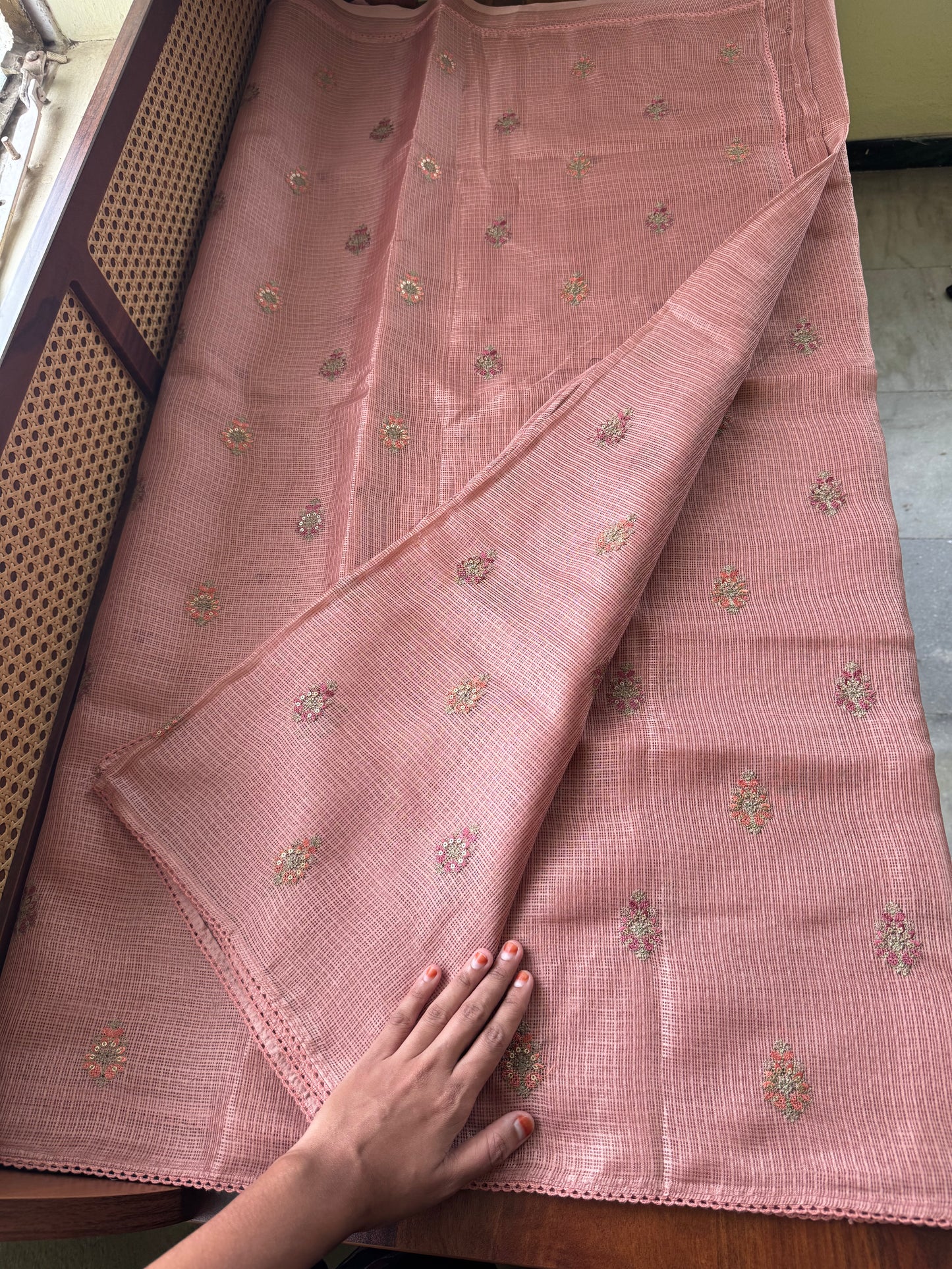 Embroidered Silky Kota Saree - Rustic Peach
