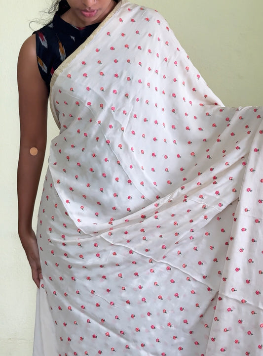 Soft Chinoon Saree - Half whites & Pink Floral