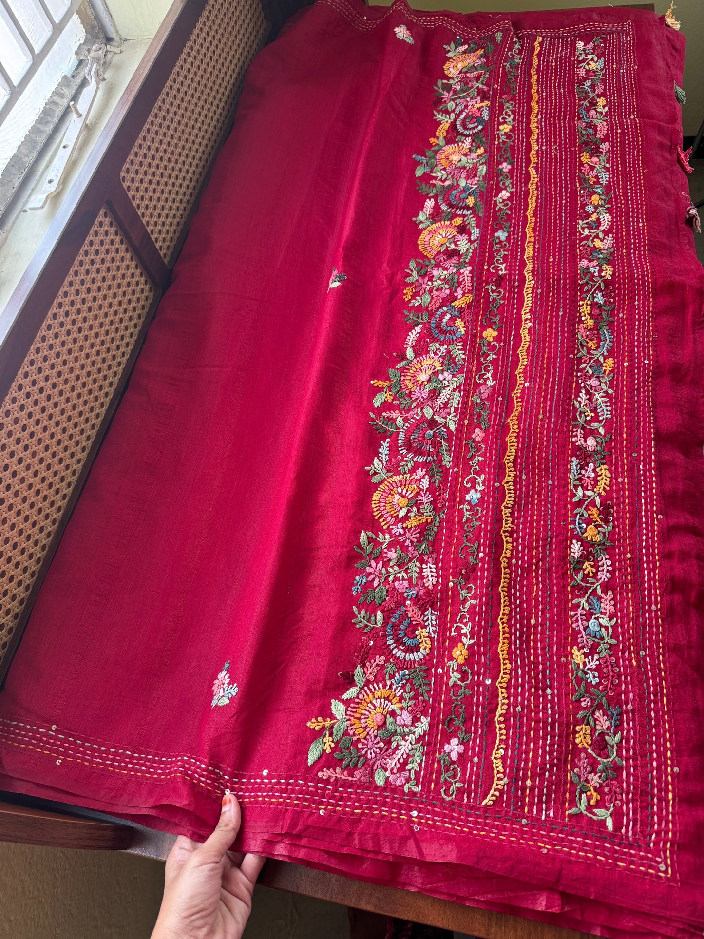 Hand Embroidered Tussar Blend Saree with heavy blouse - Deep Red