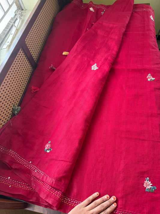 Hand Embroidered Tussar Blend Saree with heavy blouse - Deep Red