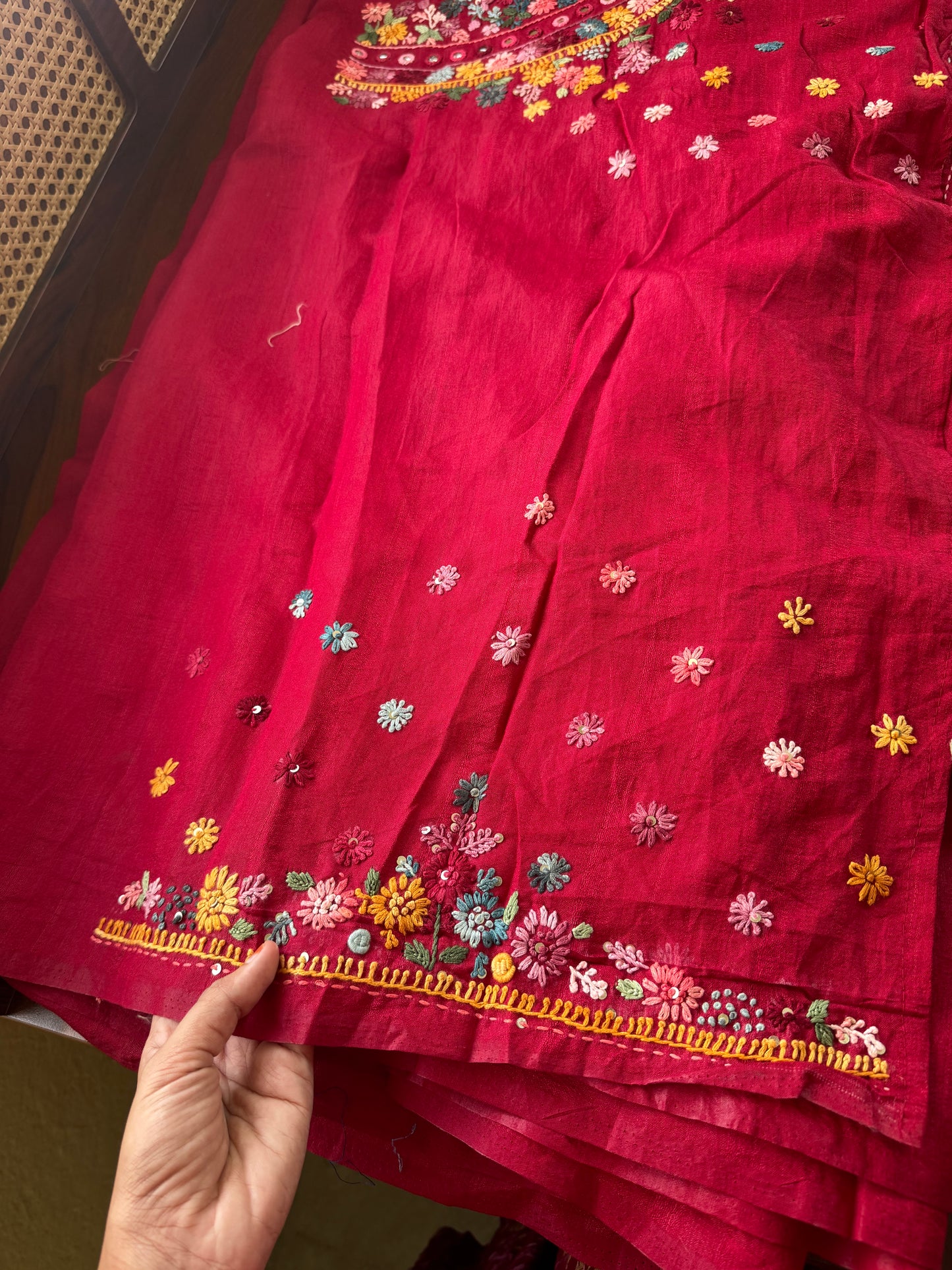 Hand Embroidered Tussar Blend Saree with heavy blouse - Deep Red