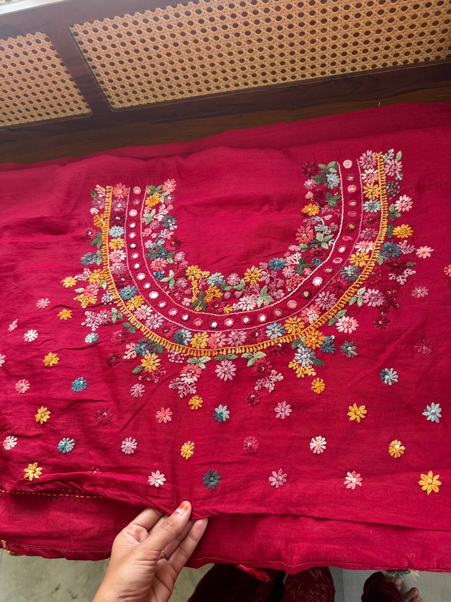 Hand Embroidered Tussar Blend Saree with heavy blouse - Deep Red