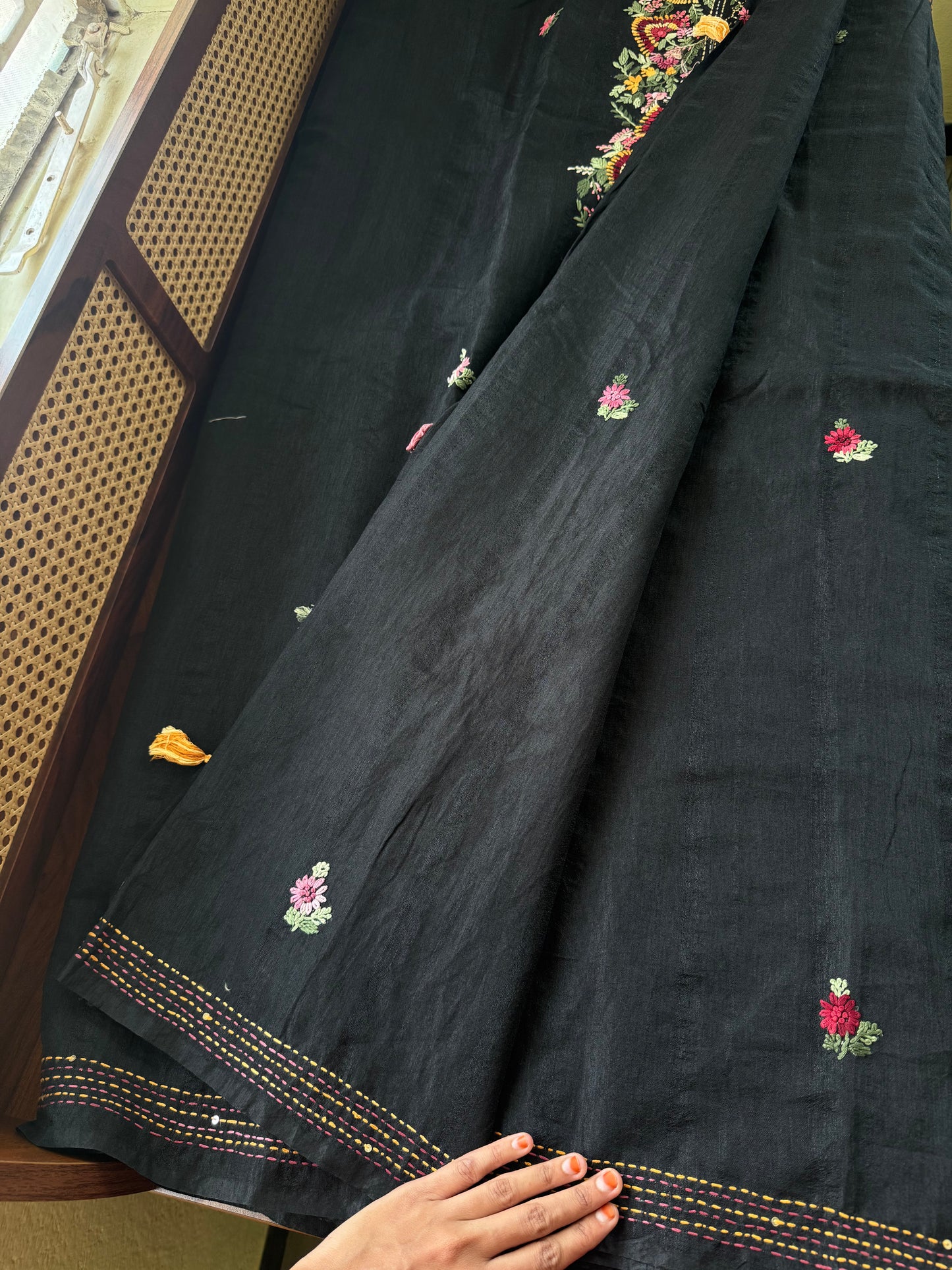 Hand Embroidered Tussar Blend Saree with heavy blouse - Black